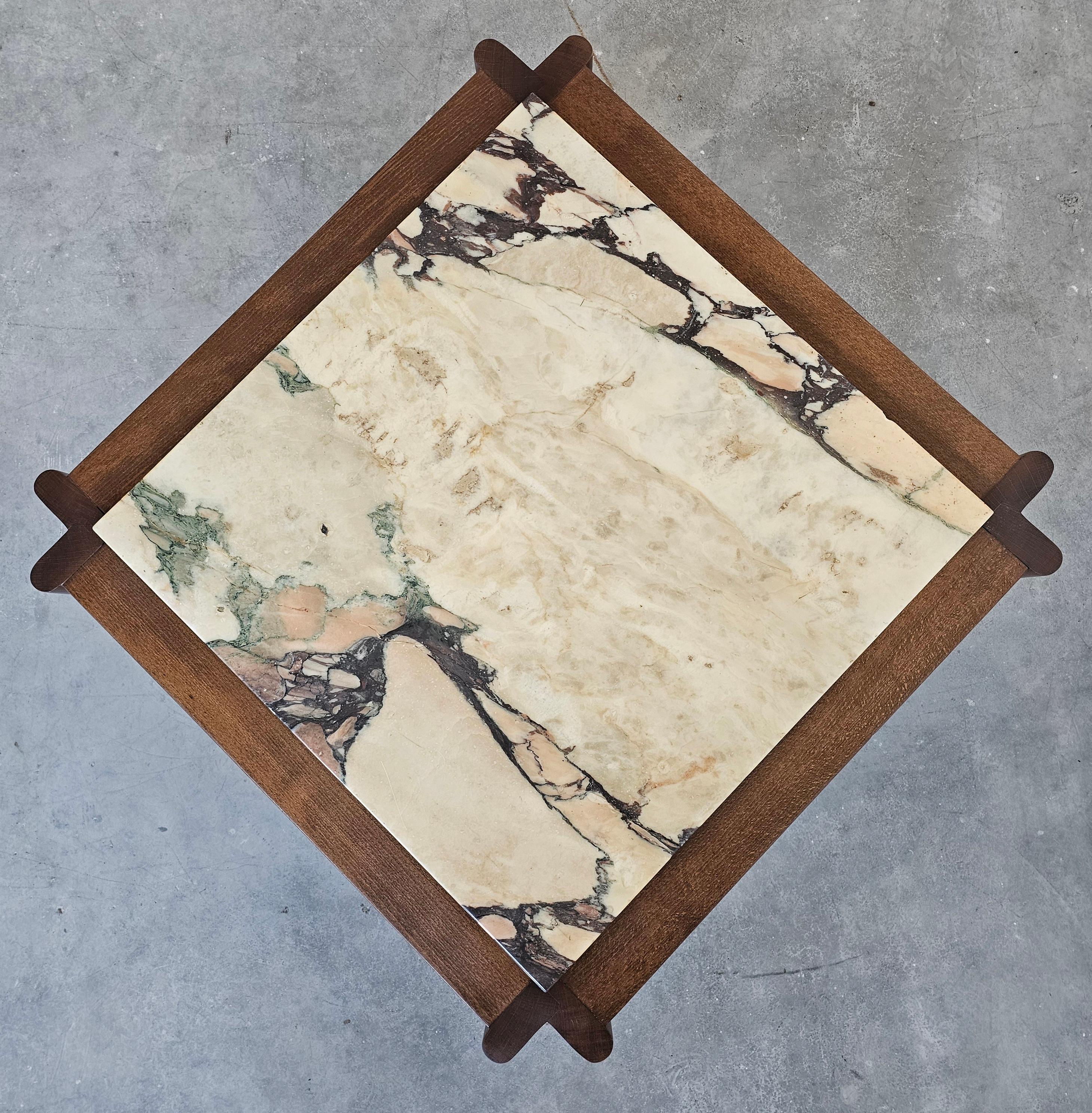 Marble Mid Century Side or Coffee Table done in beech with Calacatta Viola marble