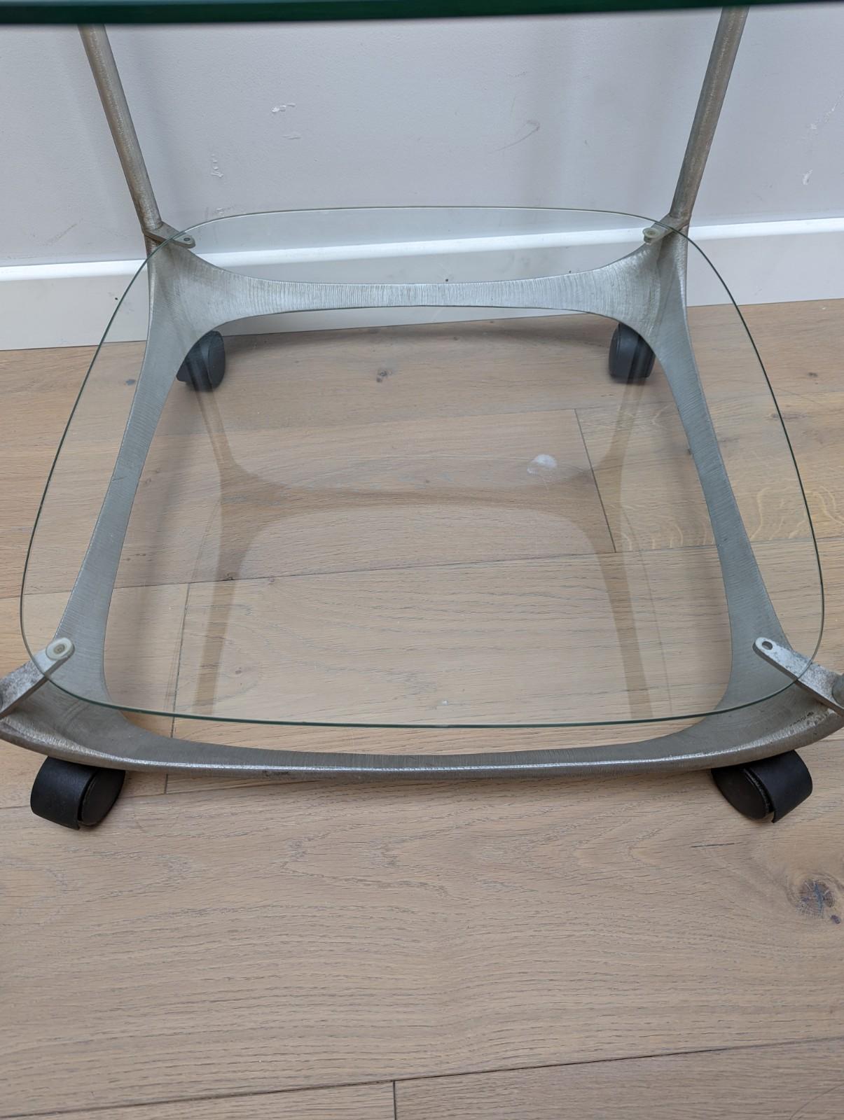 Brushed Mid Century Side Table by Lorenzo Burchiellaro in Aluminium with Glass Shelves For Sale