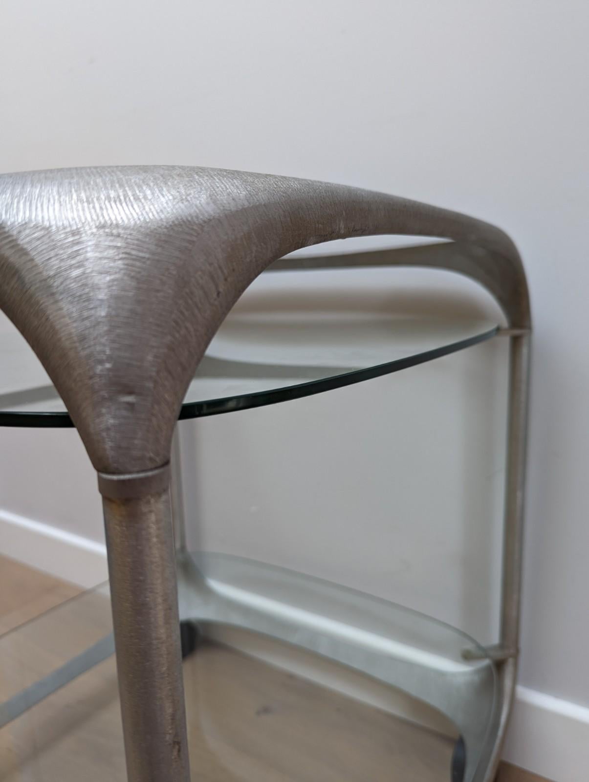 Aluminum Mid Century Side Table by Lorenzo Burchiellaro in Aluminium with Glass Shelves For Sale