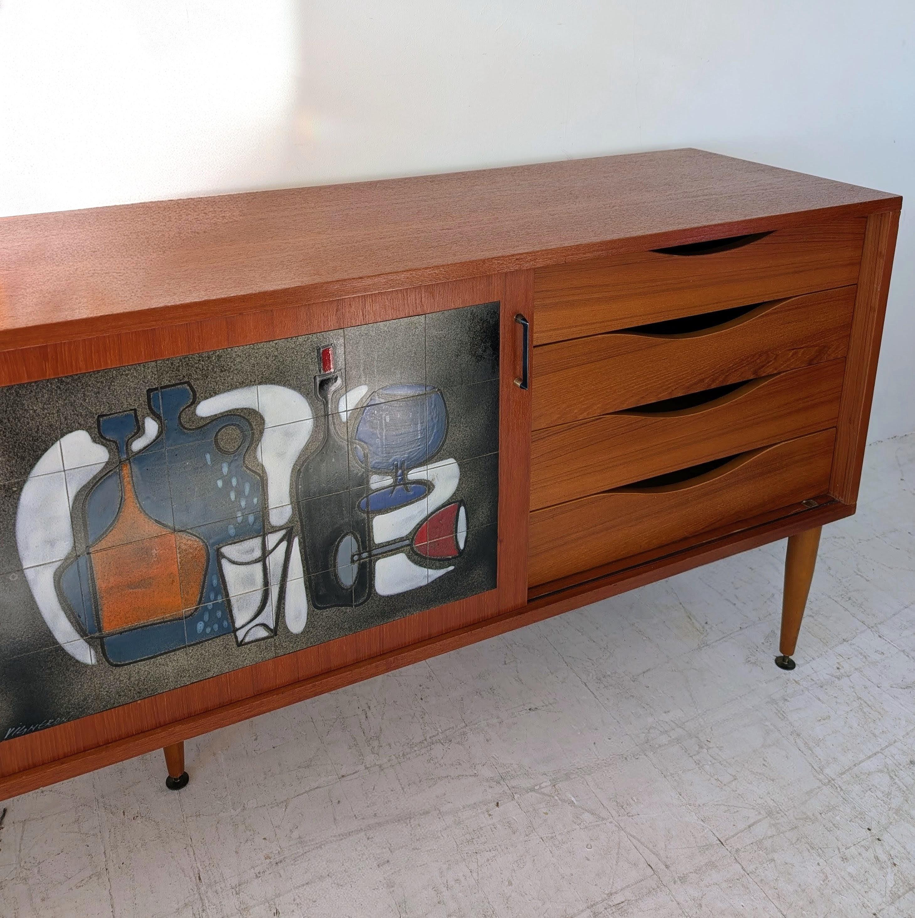 Metallo Credenza di metà secolo di Alfred Hendrickx, anni '60, teak e piastrelle di ceramica Vigneron in vendita