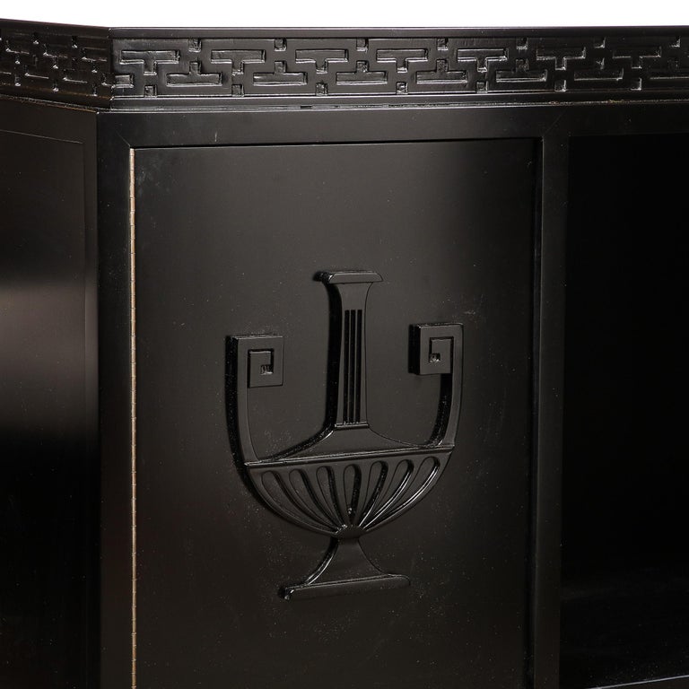 Mid-Century Sideboard in Black Lacquer with Greek Key Detail by James Mont For Sale 3
