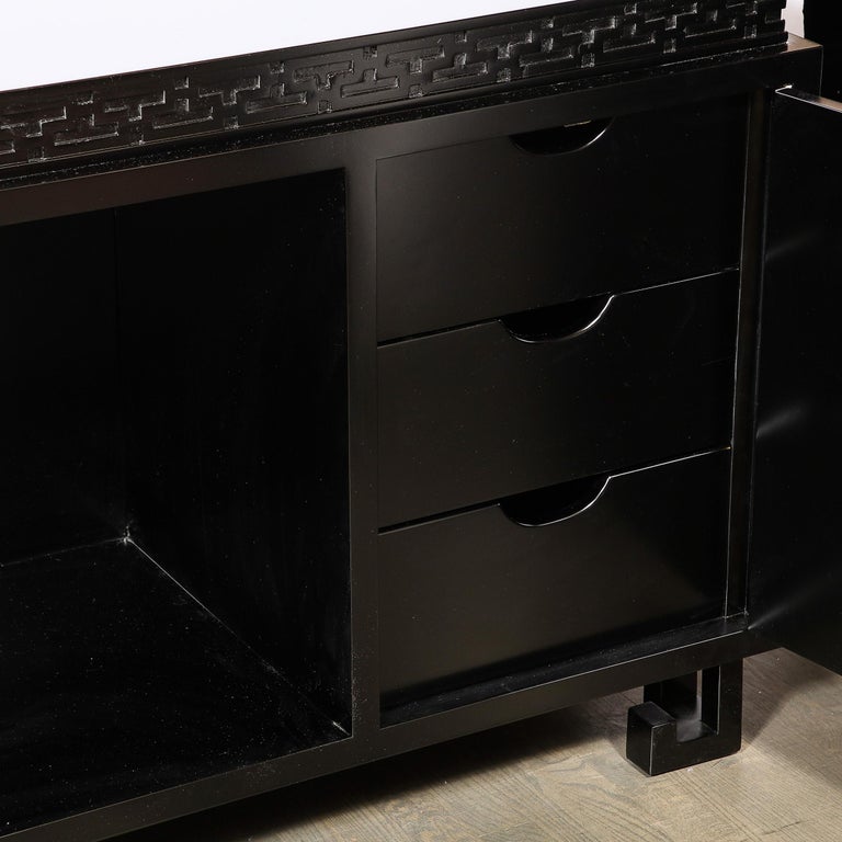 Glass Mid-Century Sideboard in Black Lacquer with Greek Key Detail by James Mont For Sale
