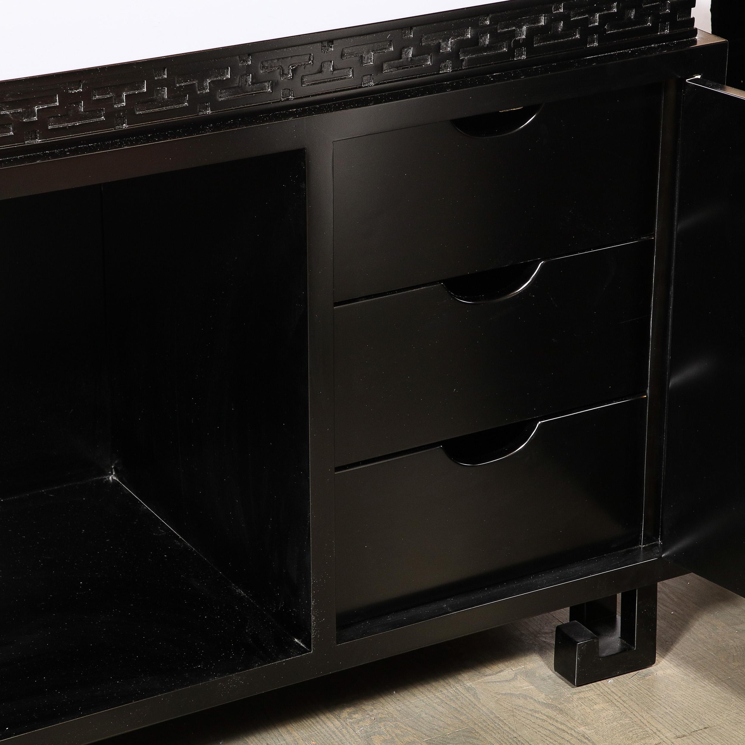 Vetro Mid-Century Sideboard in Black Lacquer with Greek Key Detail by James Mont in vendita