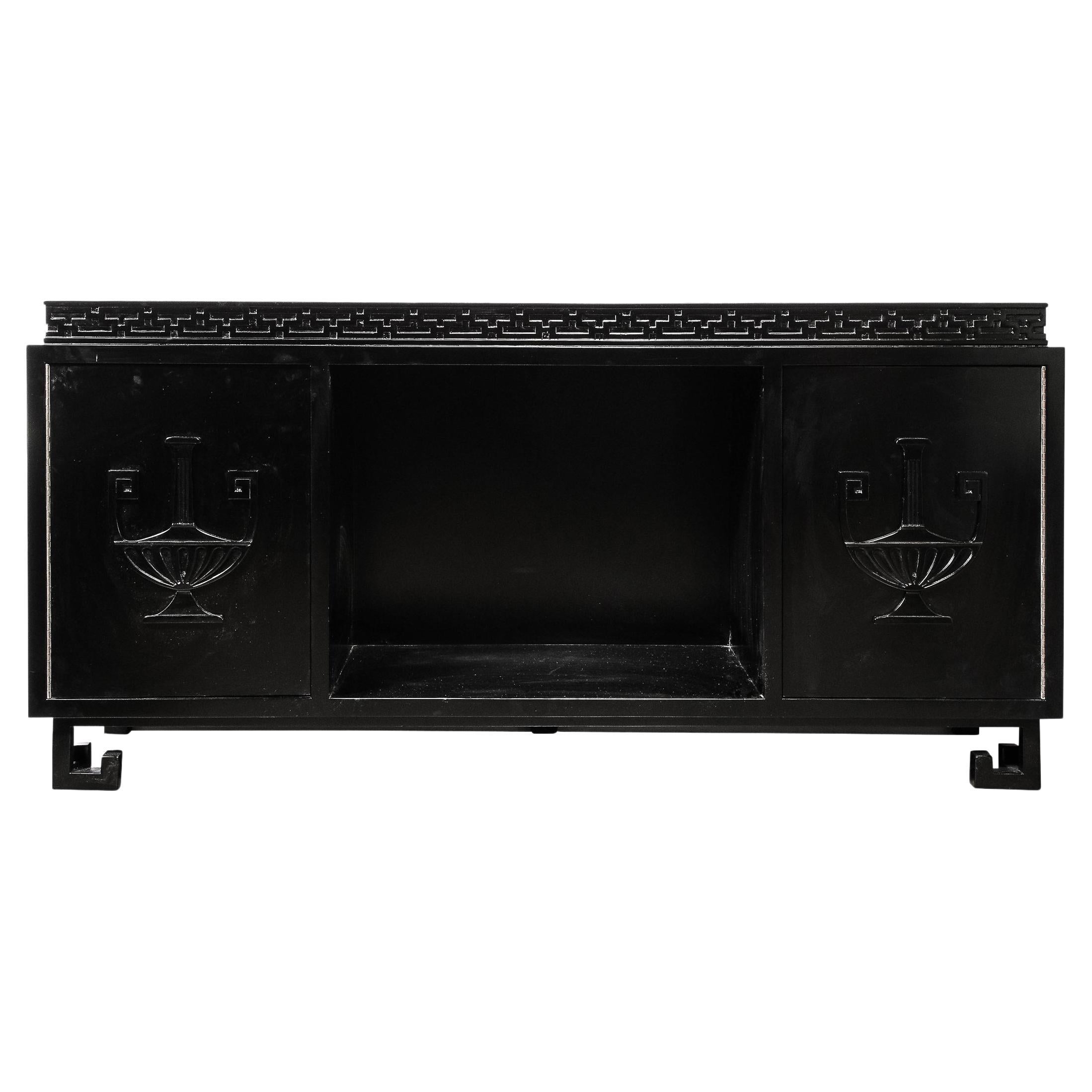 Mid-Century Sideboard in Black Lacquer with Greek Key Detail by James Mont
