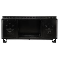 Mid-Century Sideboard in Black Lacquer with Greek Key Detail by James Mont