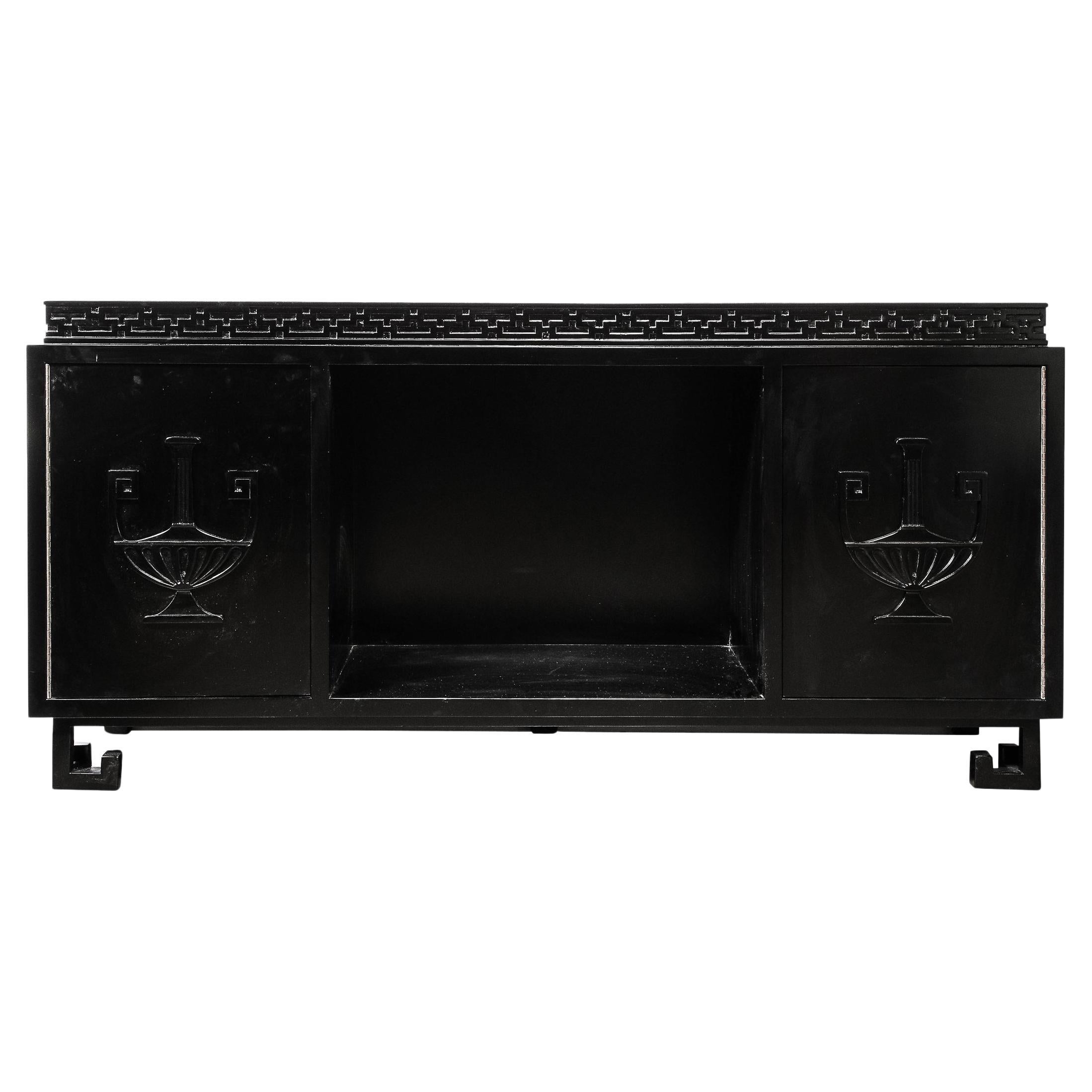 Mid-Century Sideboard in Black Lacquer with Greek Key Detail by James Mont in vendita