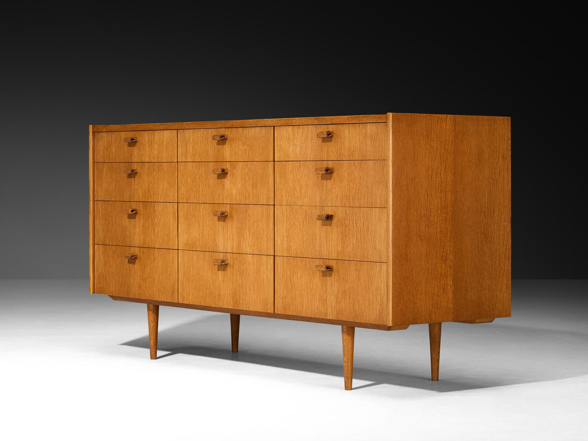 European Mid-Century Sideboard in Oak with Leather Handles For Sale