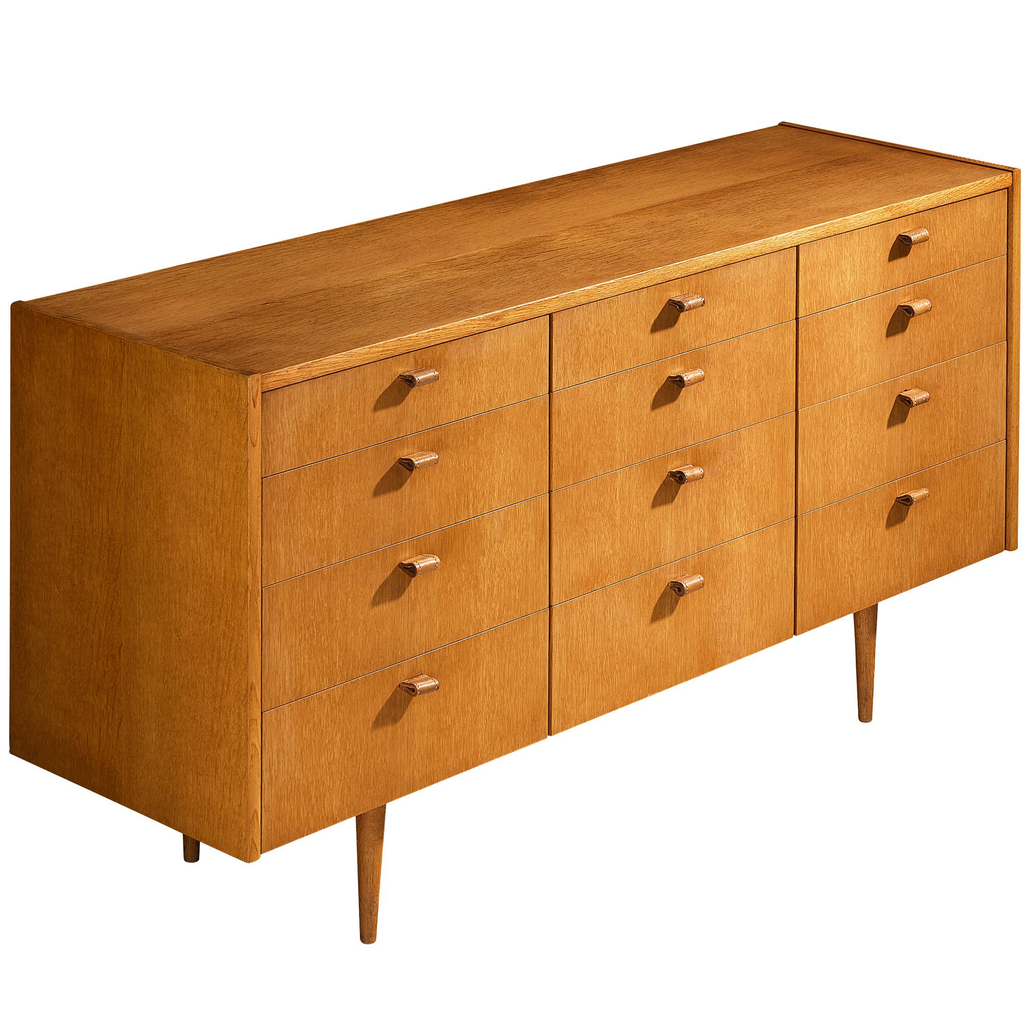 Mid-Century Sideboard in Oak with Leather Handles For Sale