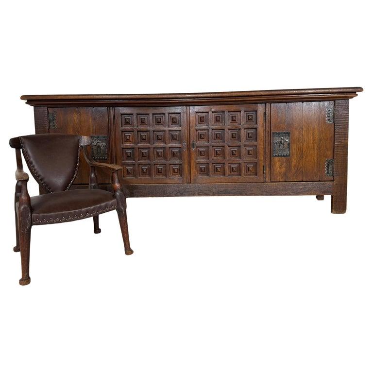 Wood Mid-Century Sideboard in the style of Guillerme et Chambron, Solid Oak  For Sale