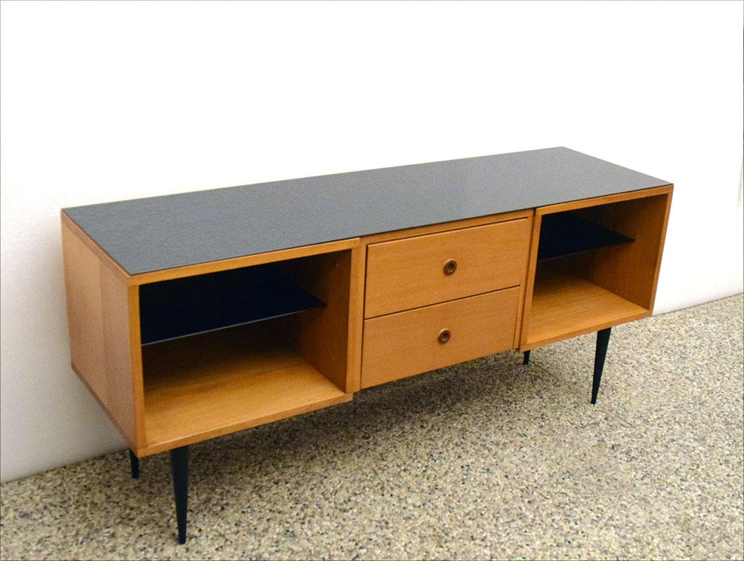 Mid-Century Sideboard in Wood and Black Glass For Sale 5