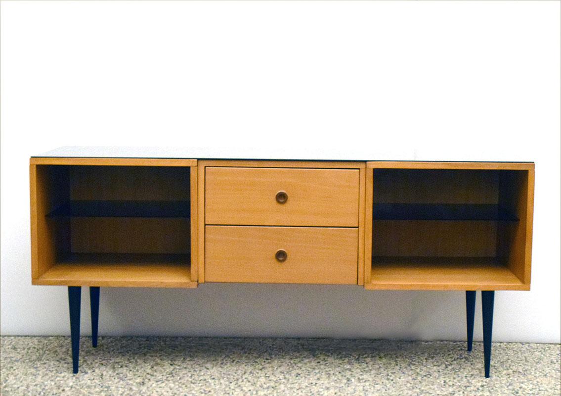 Mid-Century Modern Mid-Century Sideboard in Wood and Black Glass For Sale