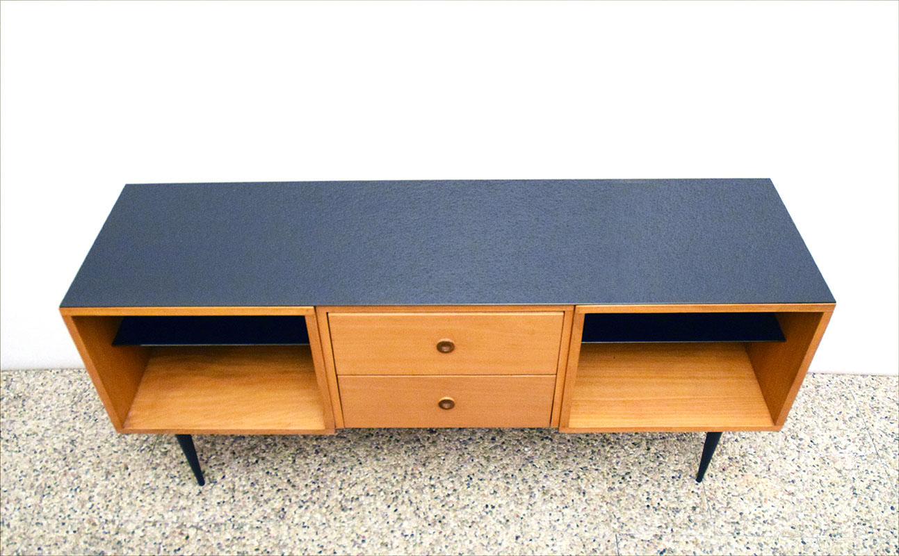 Italian Mid-Century Sideboard in Wood and Black Glass For Sale
