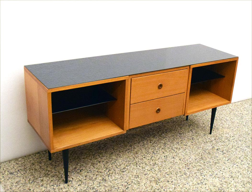 Mid-Century Sideboard in Wood and Black Glass In Excellent Condition For Sale In Parma, IT