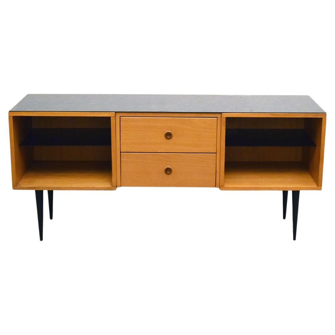 Mid-Century Sideboard in Wood and Black Glass For Sale