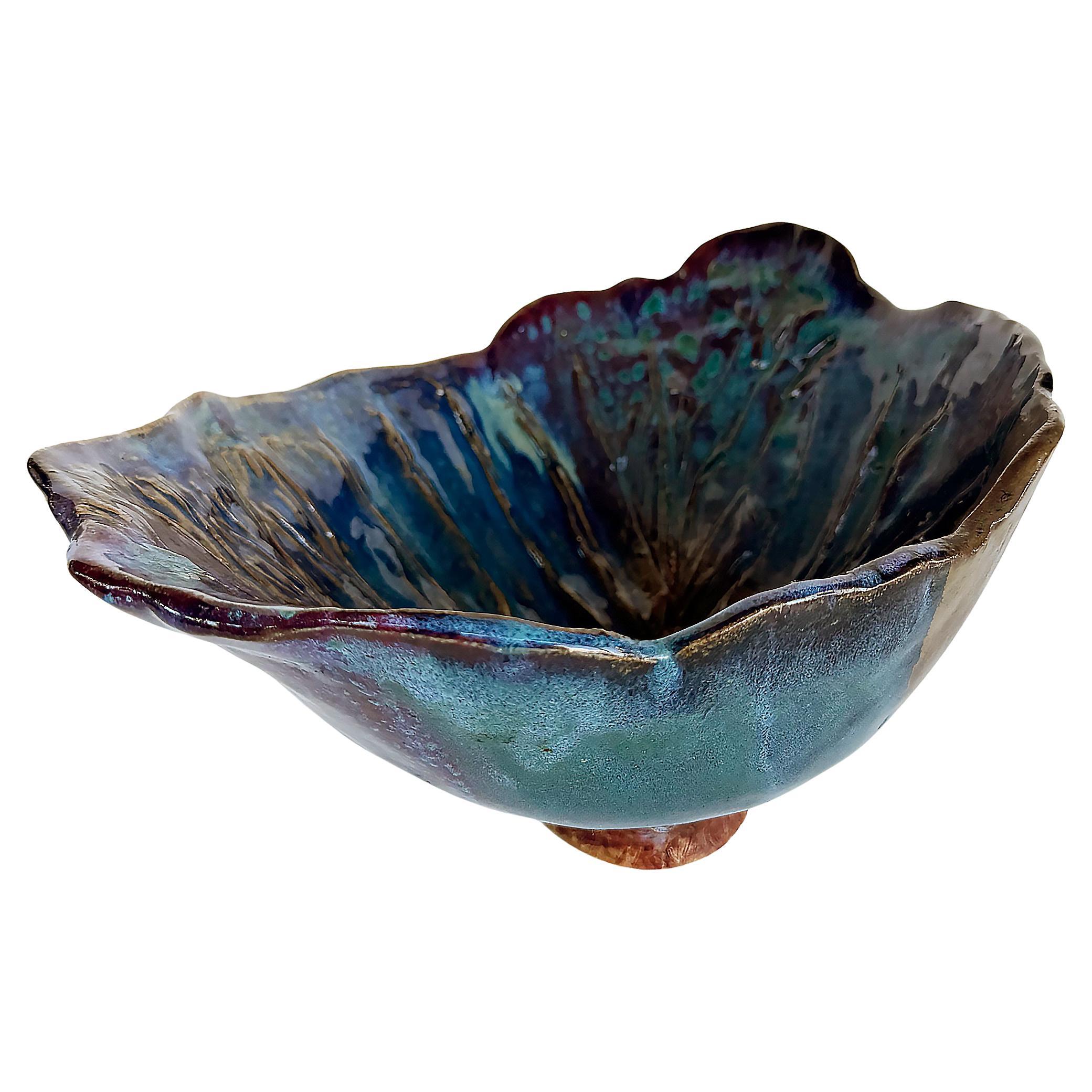 Mid-century Signed Footed Studio Pottery Bowl with Leaf Designs For Sale