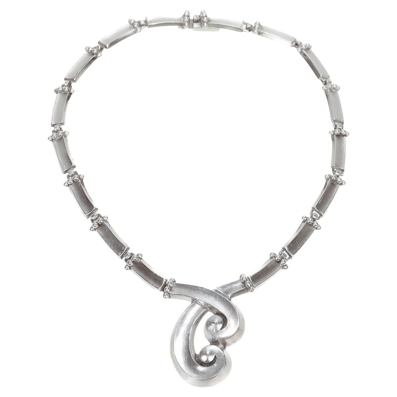 Modernistische Halskette aus Sterlingsilber, signiert Margot de Taxco, Mid-Century Modern