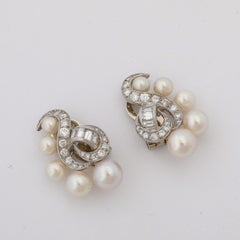 Mid-Century signed Marianne Ostier Platinum, Cultured Pearl & Diamond Earrings