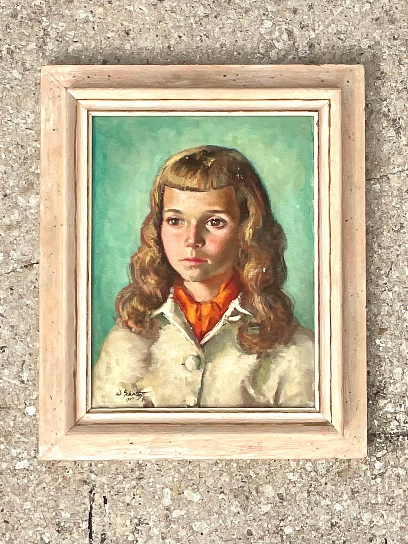 Fantastic vintage original oil portrait of a young woman. Beautiful clear colors with a stylish looking girl. Signed and dated. Acquired from a Palm Beach estate. less
