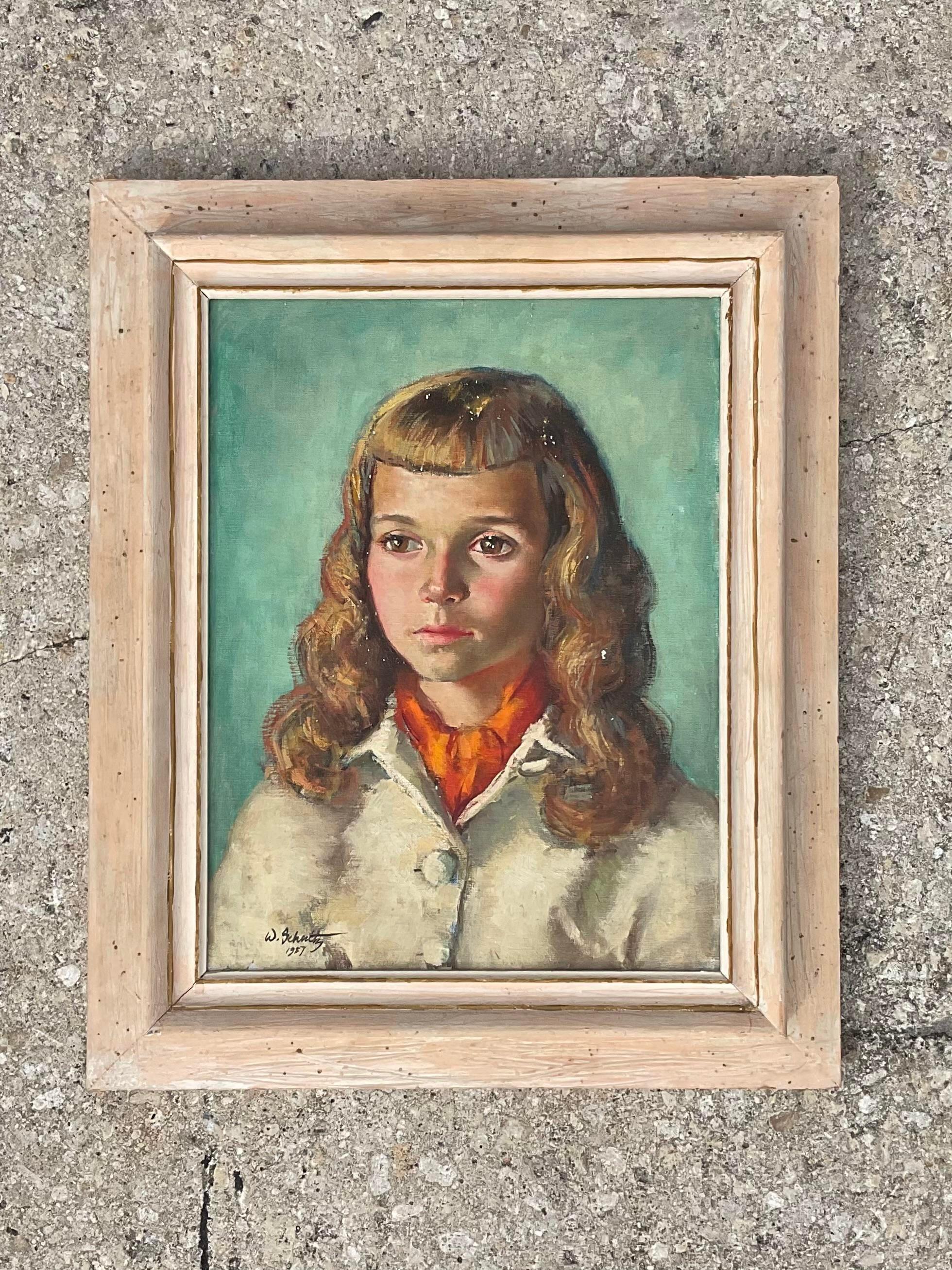 Mid-Century Modern Mid-Century Signed Original Oil Portrait of Young Woman For Sale