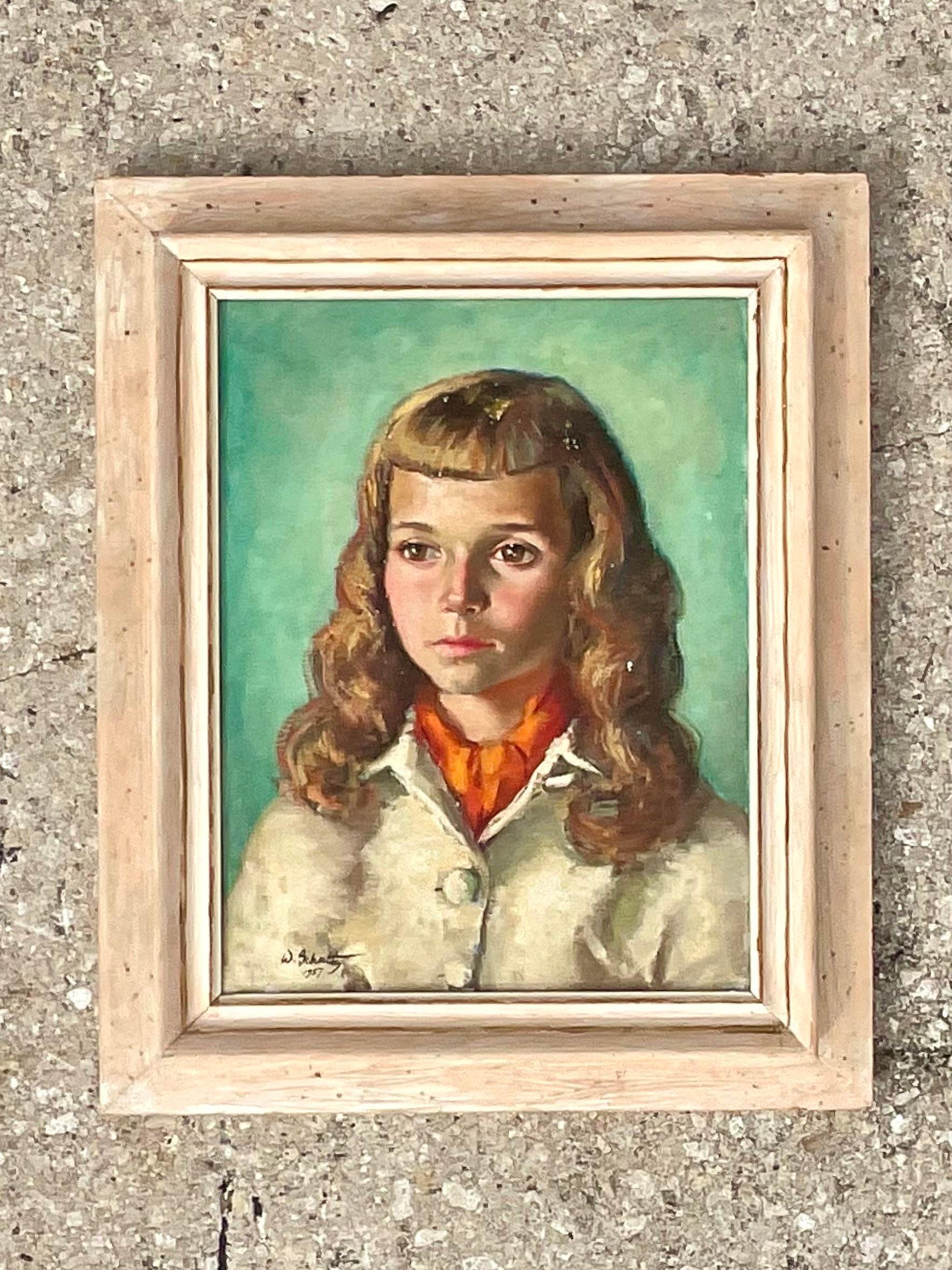 North American Mid-Century Signed Original Oil Portrait of Young Woman For Sale