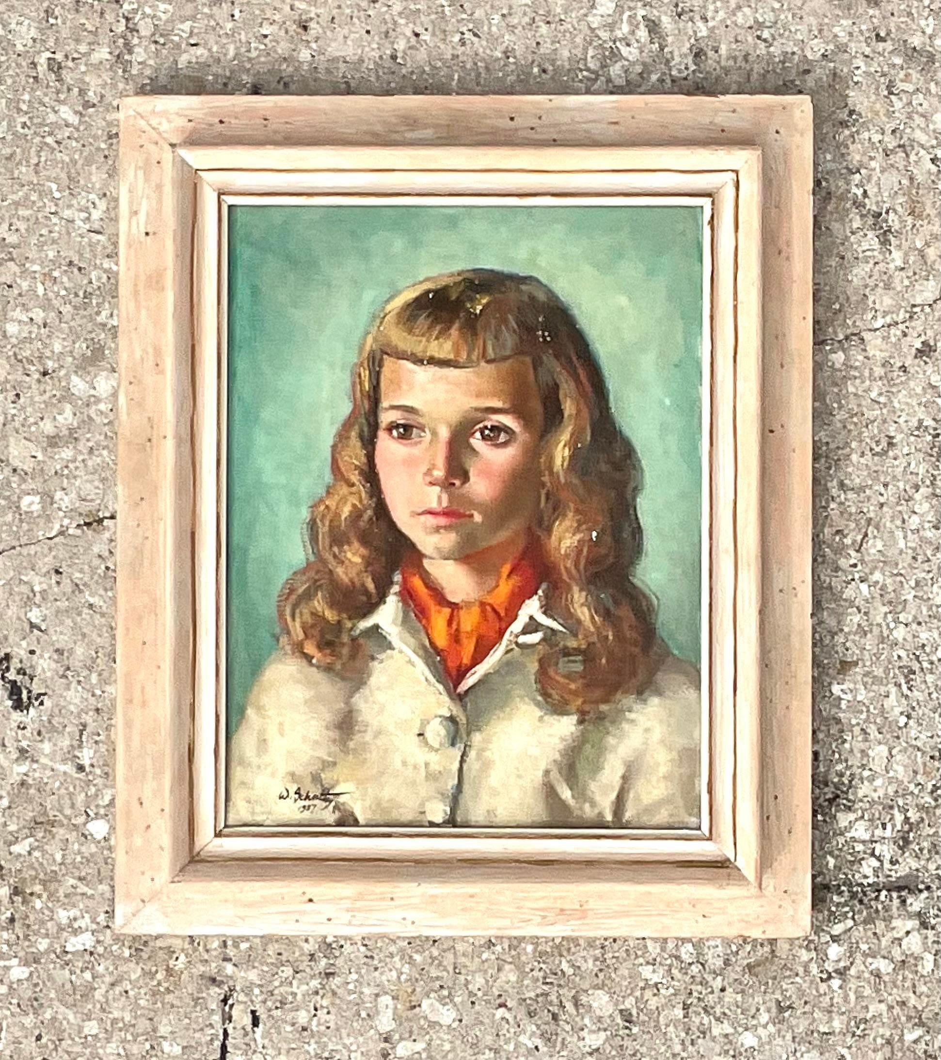 Mid-Century Signed Original Oil Portrait of Young Woman In Good Condition For Sale In west palm beach, FL