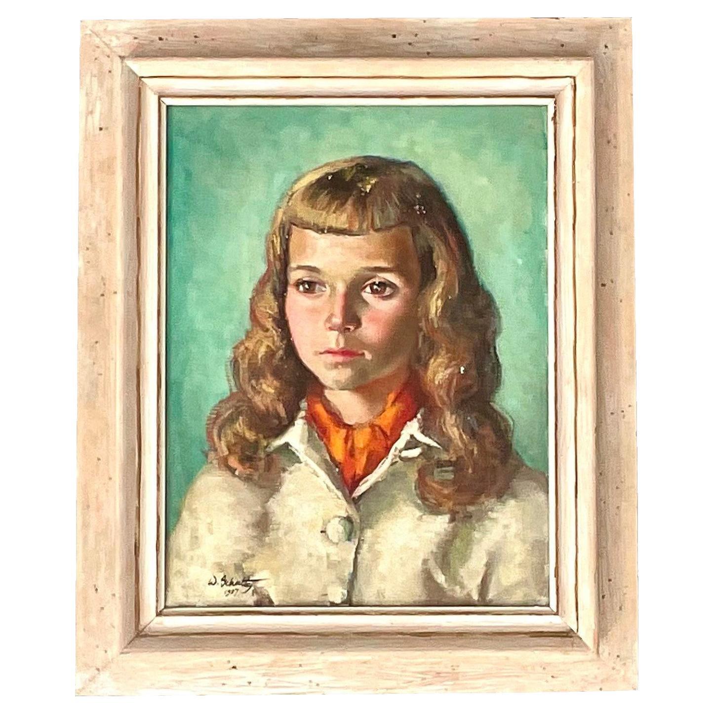 Portrait à l'huile original signé du milieu du siècle d'une jeune femme