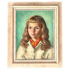 Antique Mid-Century Signed Original Oil Portrait of Young Woman