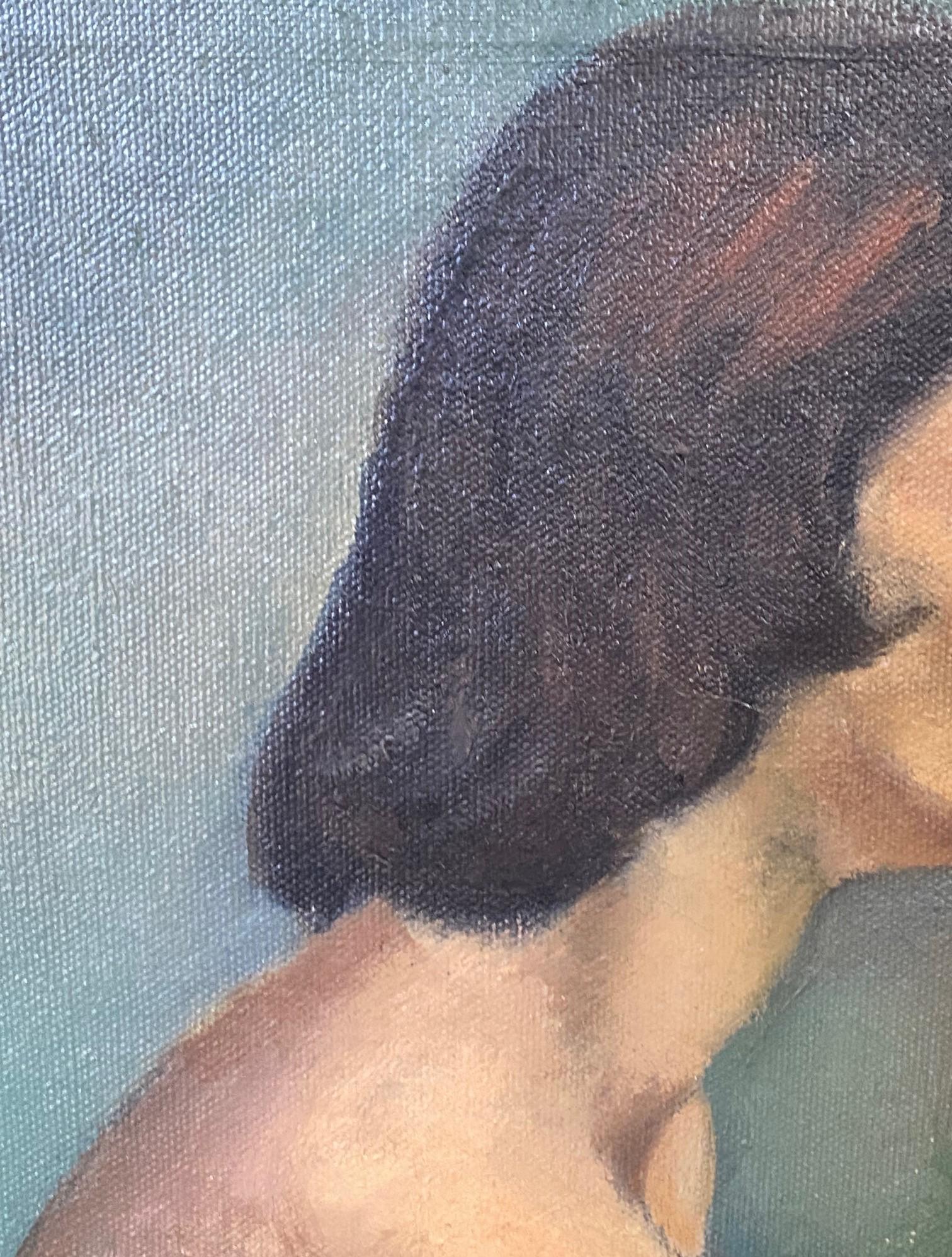 Mid Century Signed Surrealist  Oil on Canvas Female Nude Painting Portrait Woman For Sale 3