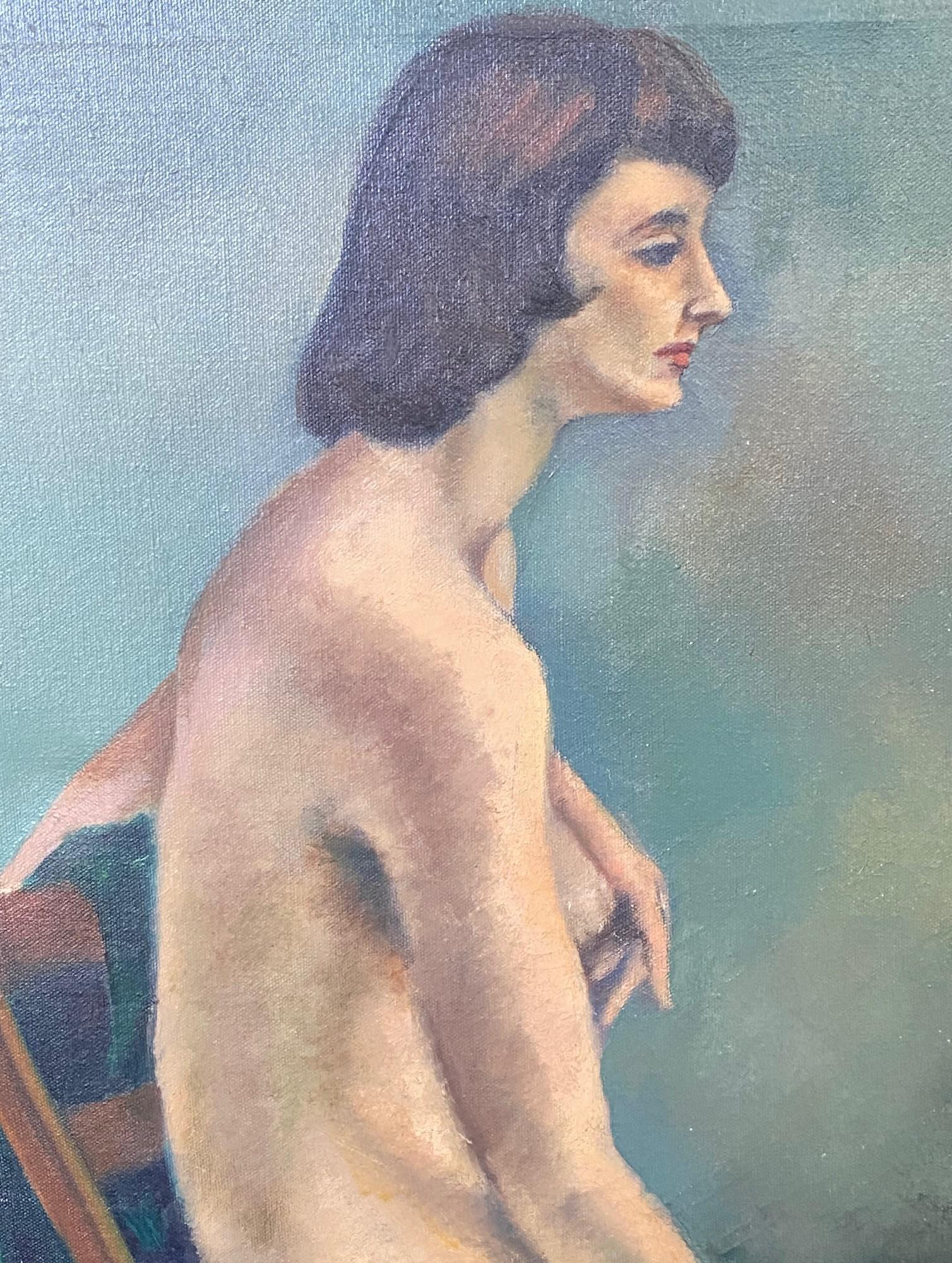 Mid Century Signed Surrealist  Oil on Canvas Female Nude Painting Portrait Woman For Sale 4