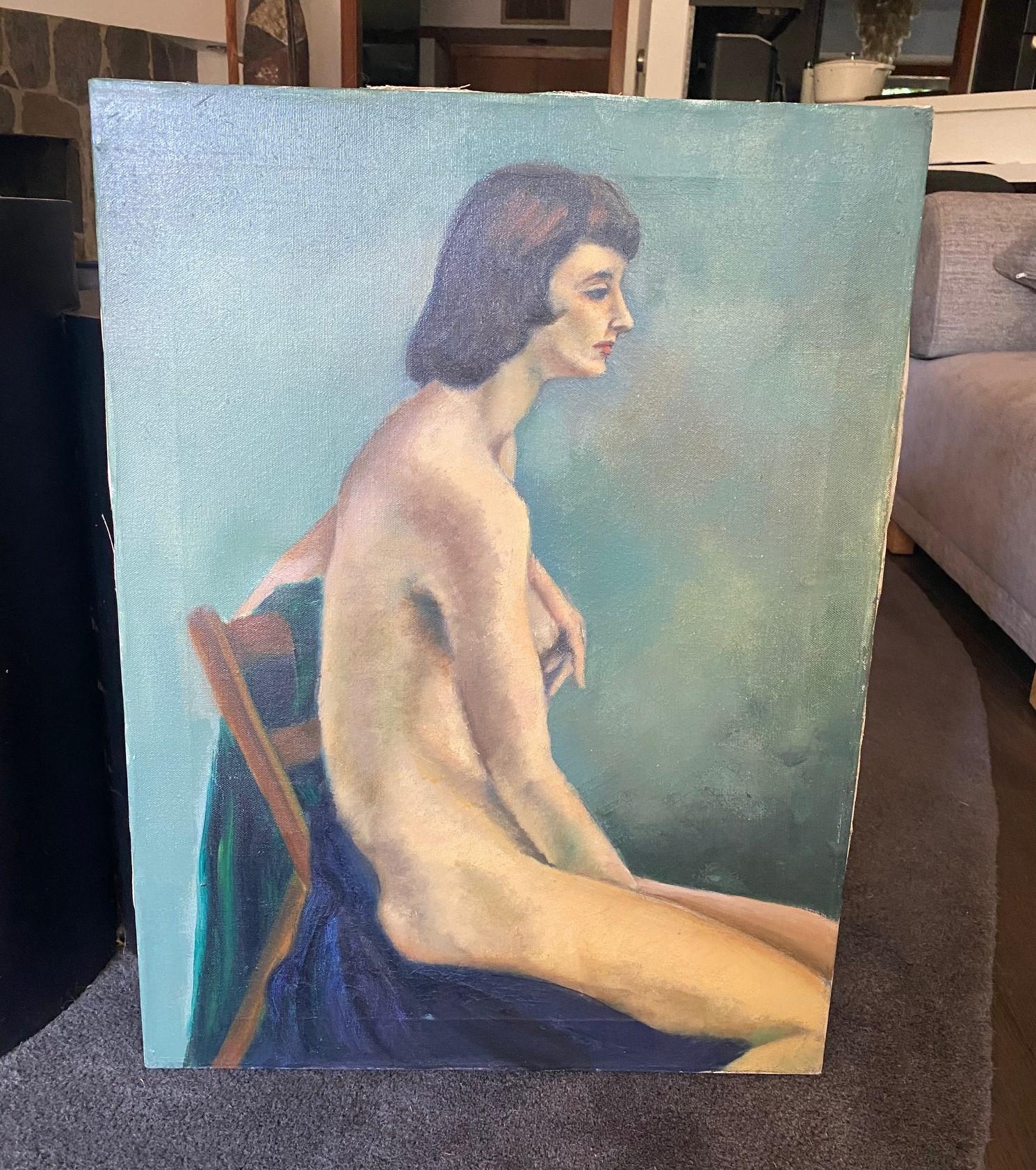 A wonderful Mid-Century Modern original oil on canvas painting featuring a surrealistic somewhat strange and odd portrait of a dark eyed nude woman/female model sitting pensively in a chair.  The subdued, muted colors and reflective tone of the work