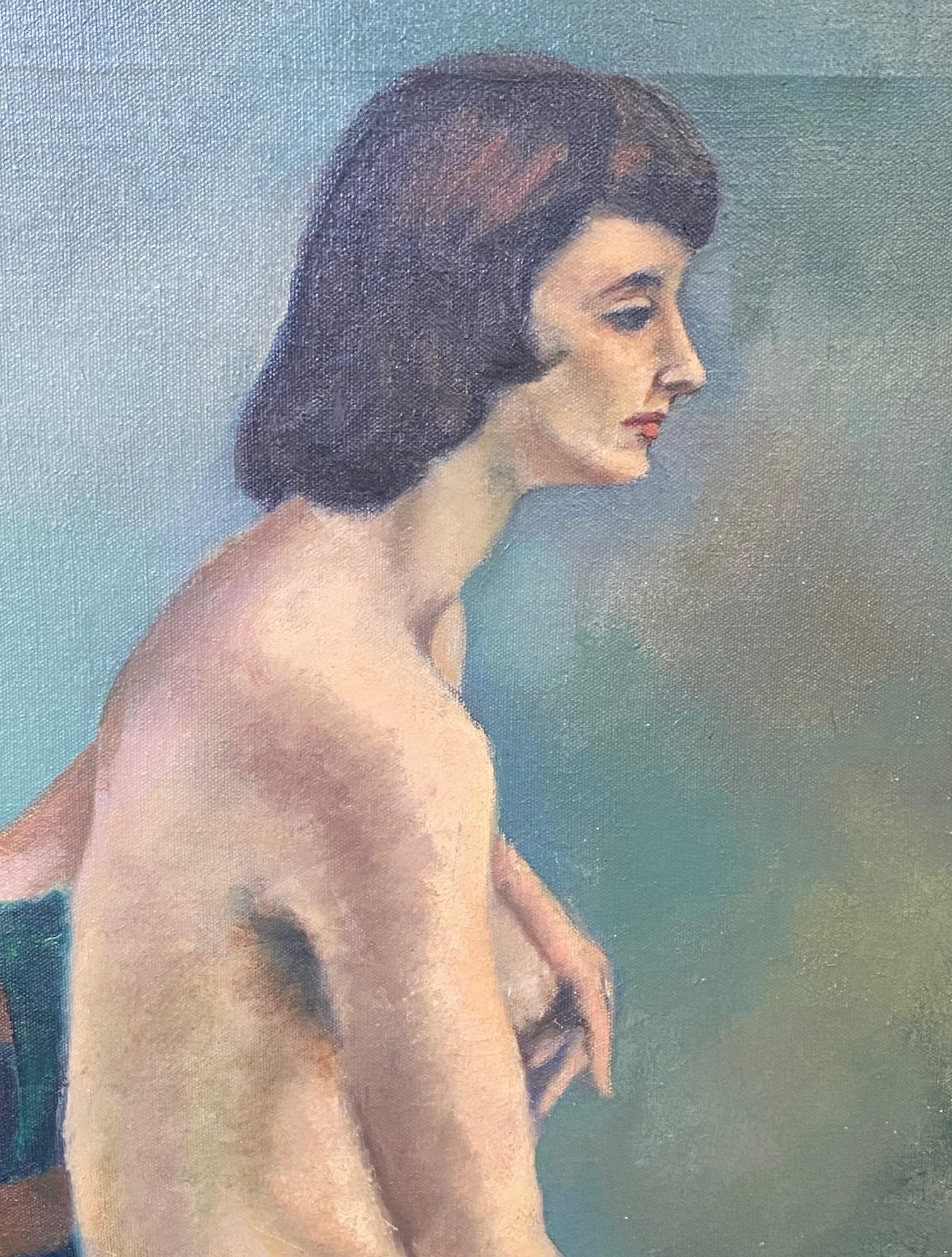 Mid-Century Modern Mid Century Signed Surrealist  Oil on Canvas Female Nude Painting Portrait Woman For Sale