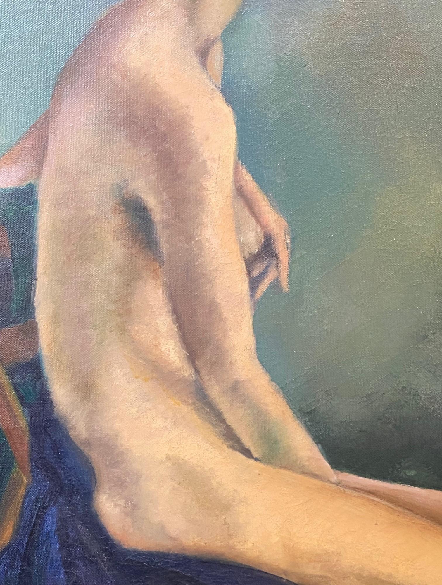American Mid Century Signed Surrealist  Oil on Canvas Female Nude Painting Portrait Woman For Sale