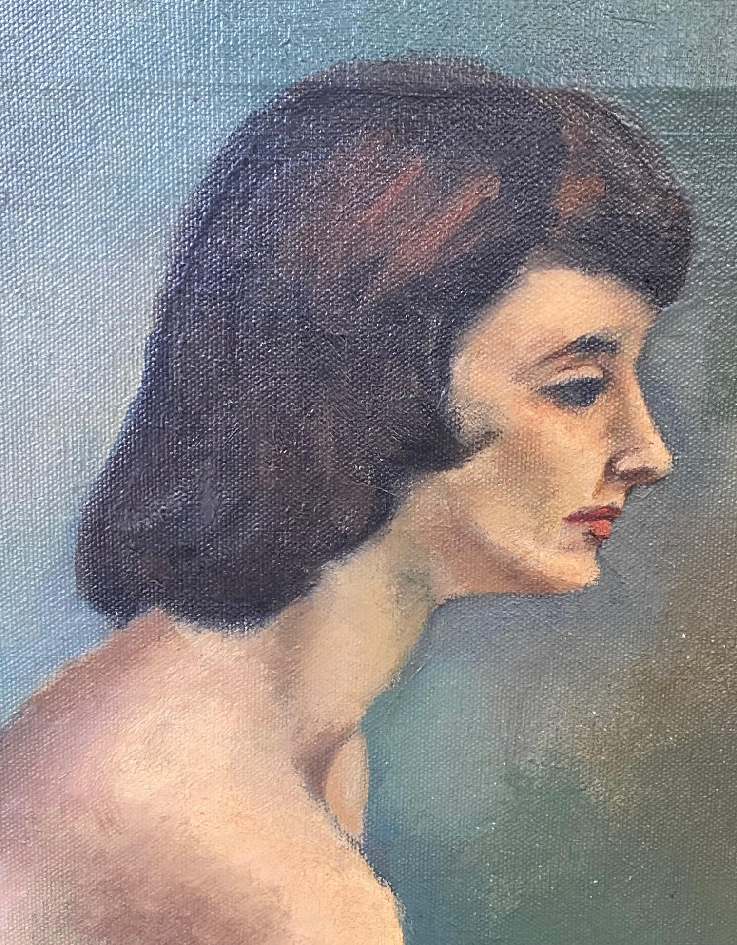 Hand-Painted Mid Century Signed Surrealist  Oil on Canvas Female Nude Painting Portrait Woman For Sale