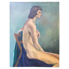Surréaliste signé du milieu du siècle Huile sur toile, nu féminin, portrait de femme