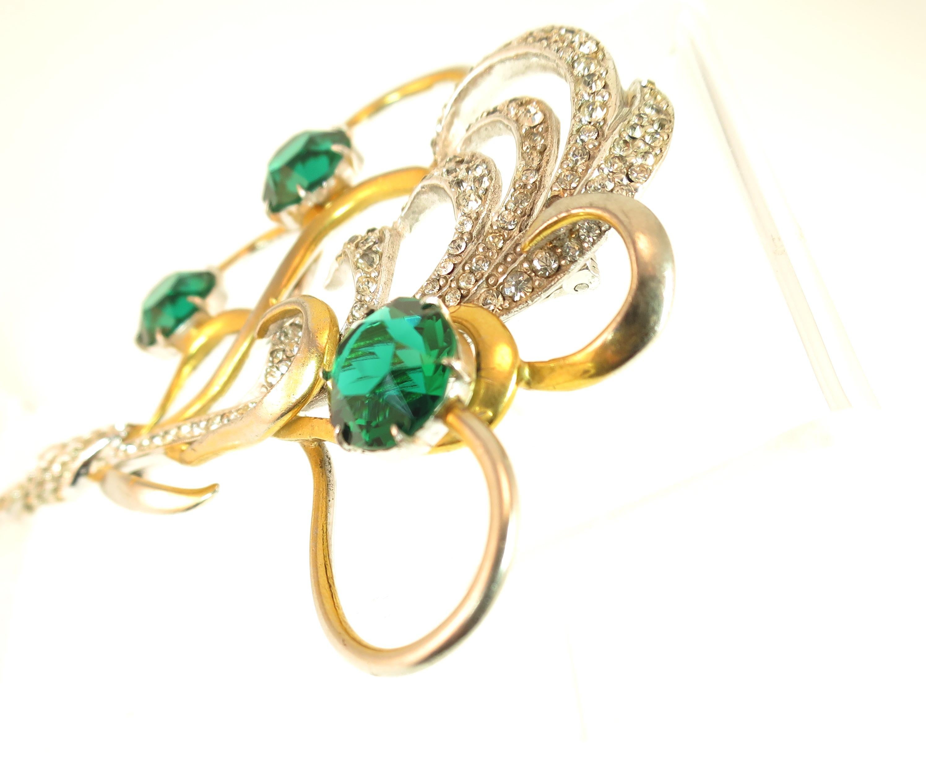 Mid-Century Silson Sterling Rhodium & Emerald Crystal Bouquet Brooch, 1940s For Sale 6