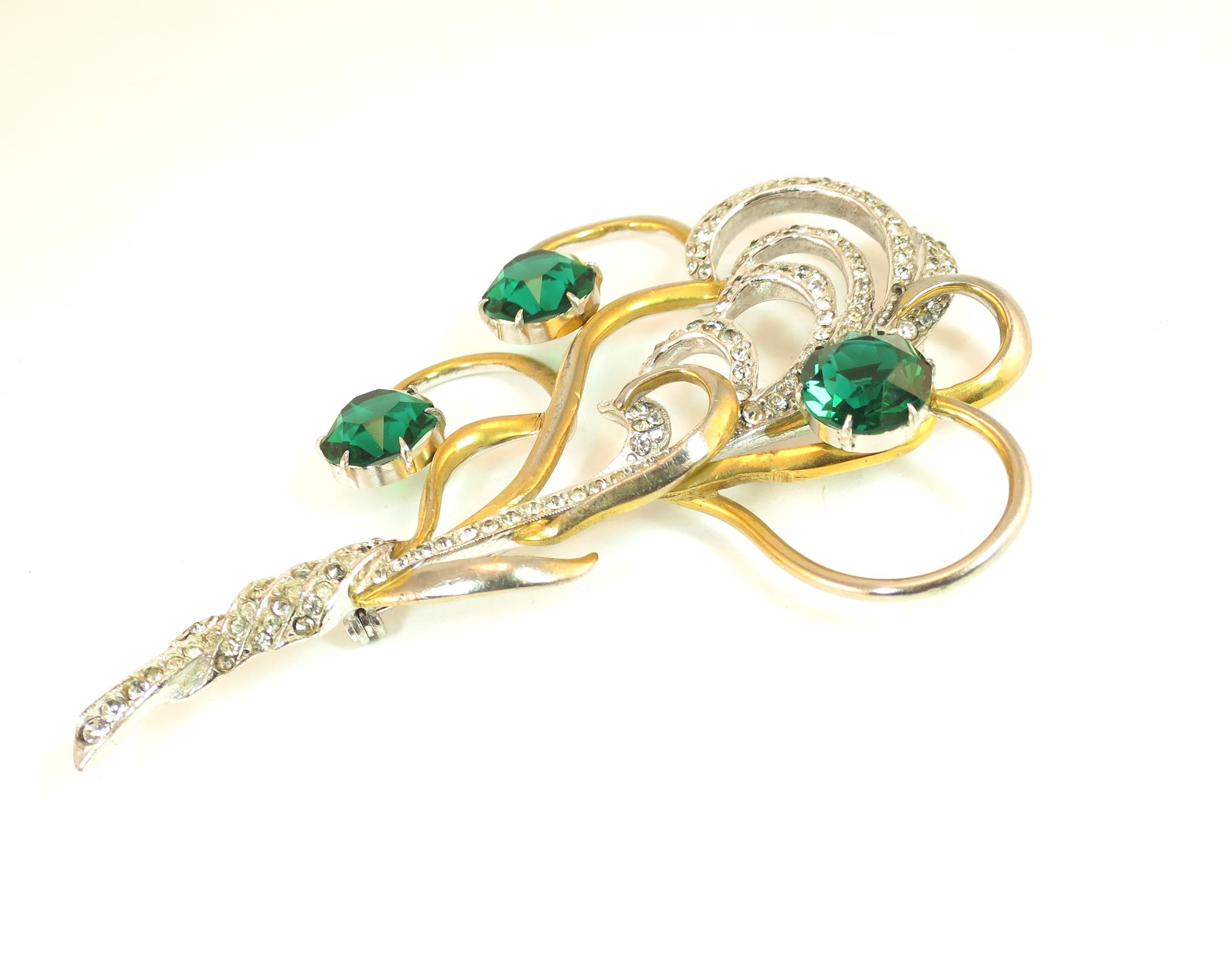 Mid-Century Silson Sterling Rhodium & Emerald Crystal Bouquet Brooch, 1940s For Sale 7