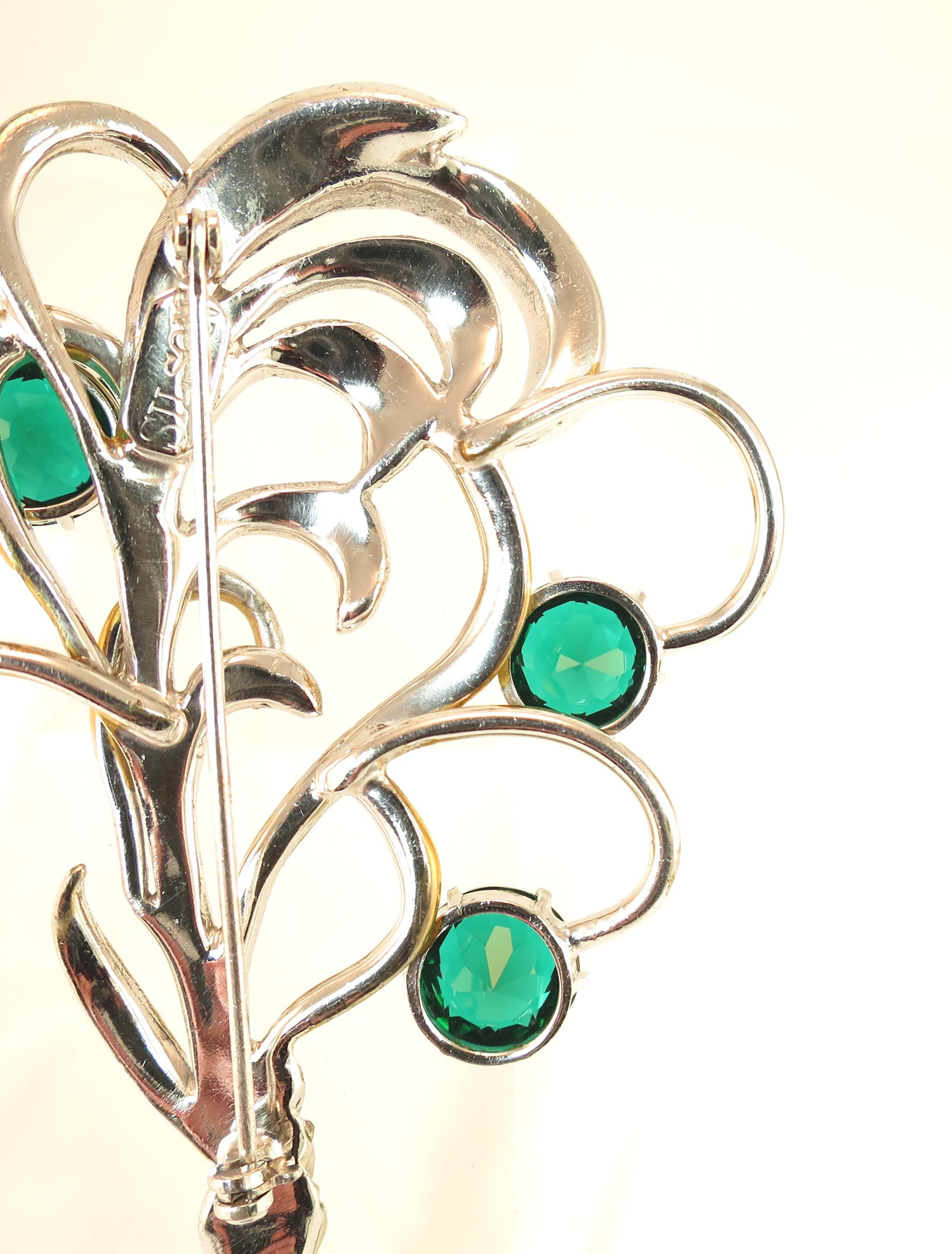 Mid-Century Silson Sterling Rhodium & Emerald Crystal Bouquet Brooch, 1940s For Sale 11