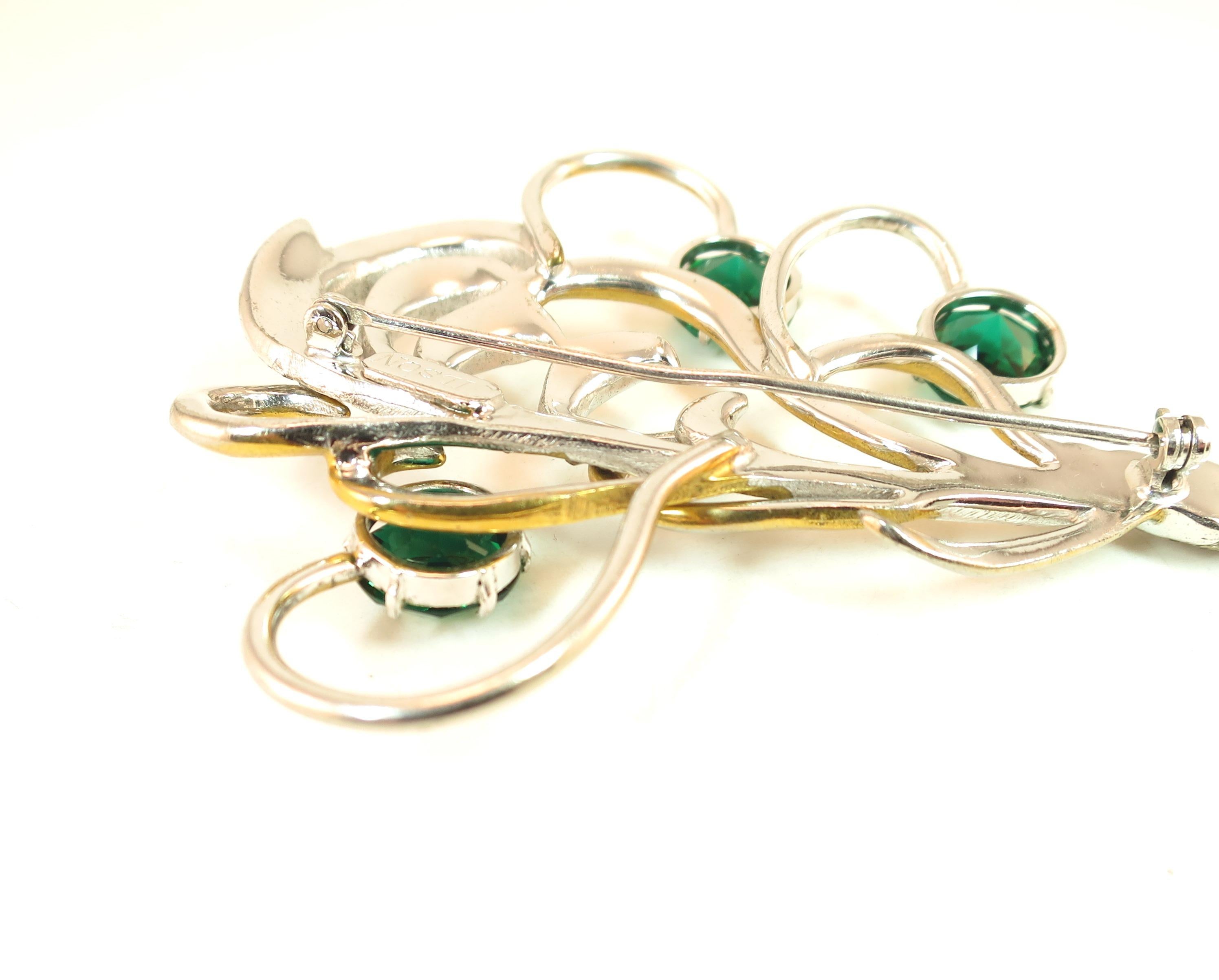 Mid-Century Silson Sterling Rhodium & Emerald Crystal Bouquet Brooch, 1940s For Sale 14