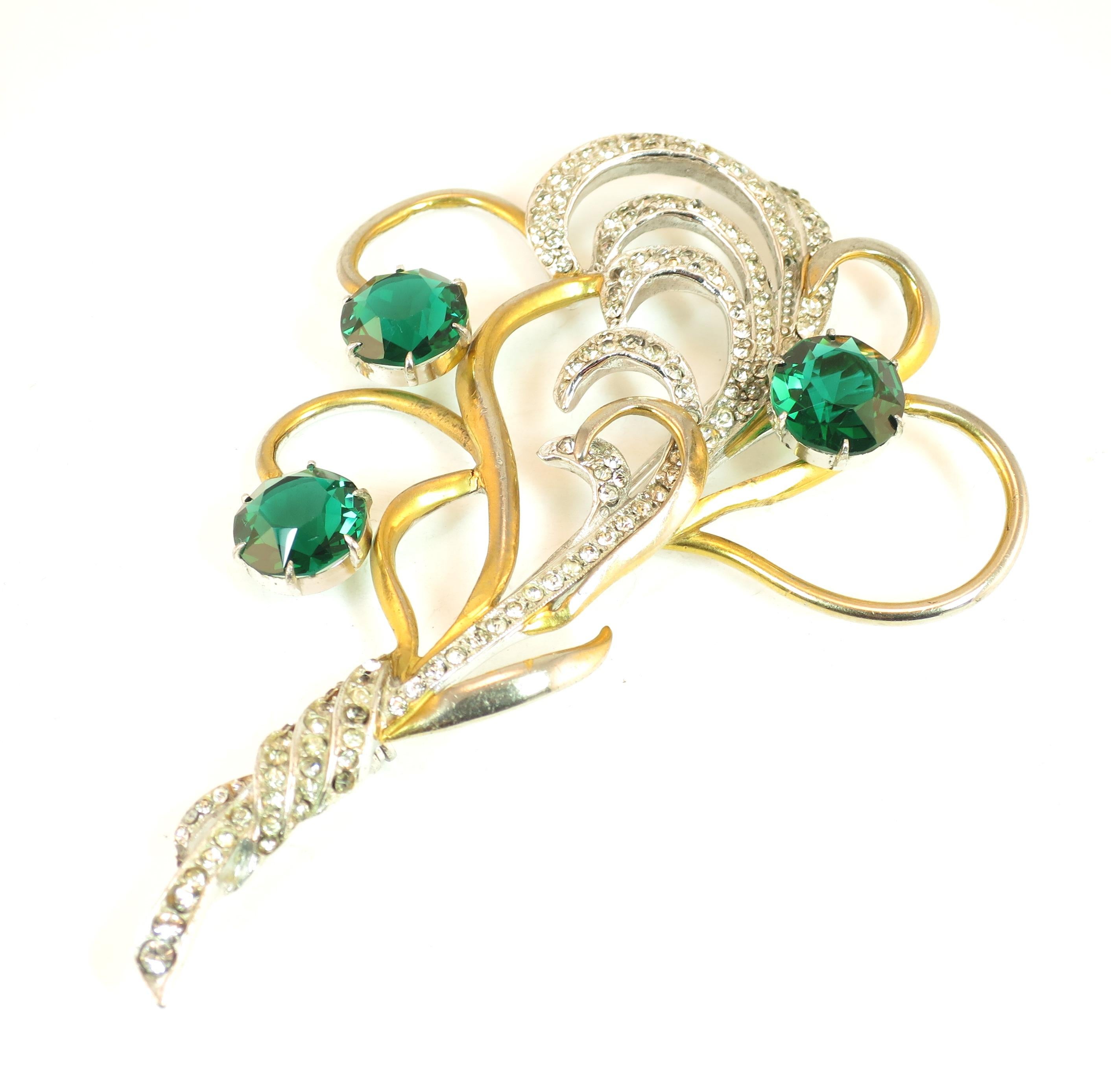Mid-Century Silson Sterling Rhodium & Emerald Crystal Bouquet Brooch, 1940s In Good Condition For Sale In Burbank, CA