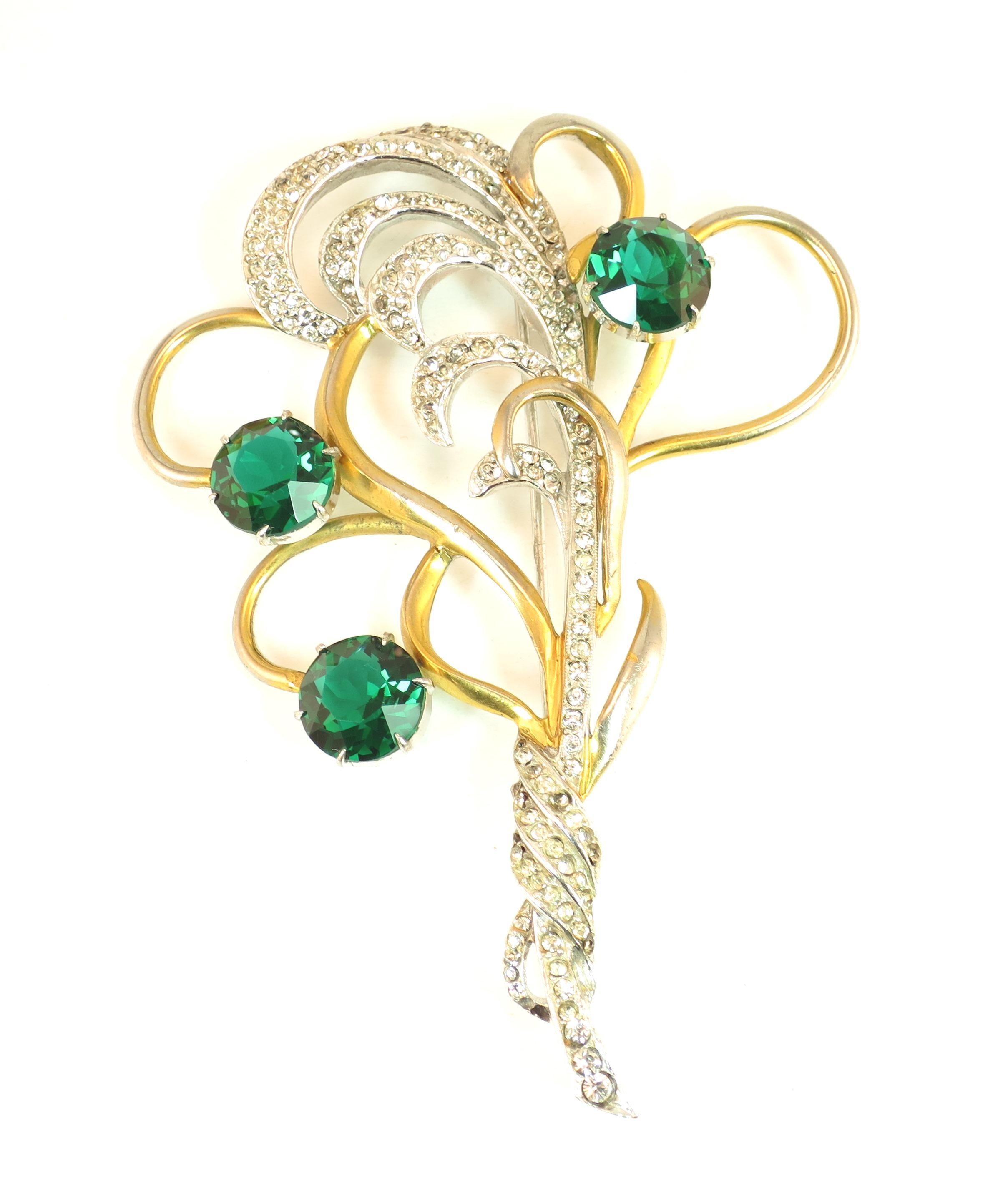 Women's Mid-Century Silson Sterling Rhodium & Emerald Crystal Bouquet Brooch, 1940s For Sale