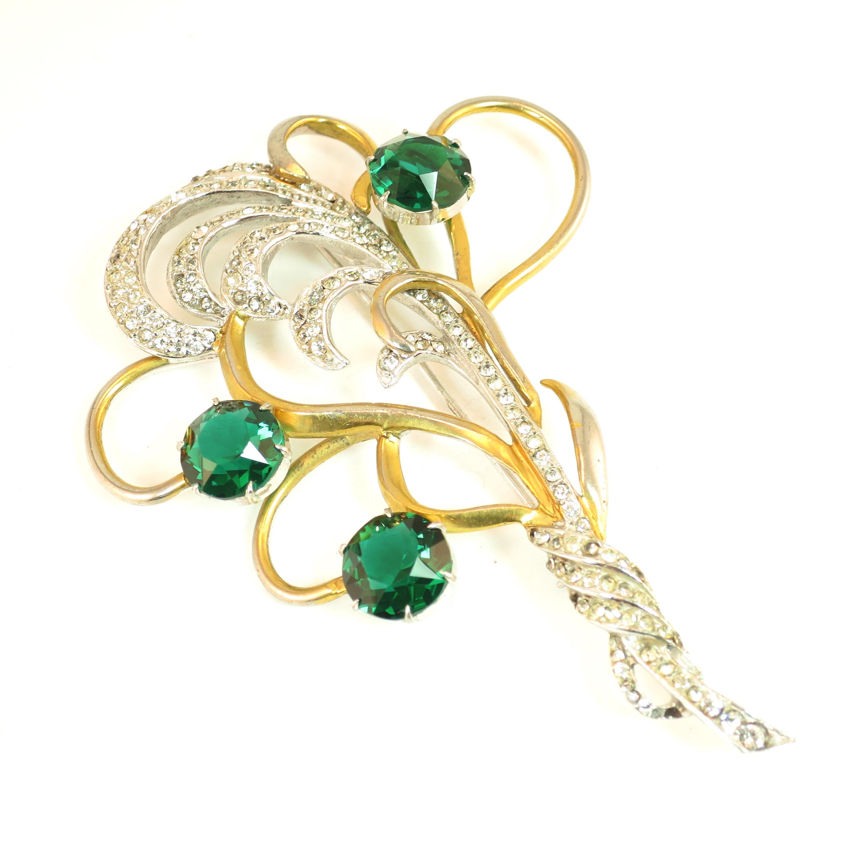 Mid-Century Silson Sterling Rhodium & Emerald Crystal Bouquet Brooch, 1940s For Sale
