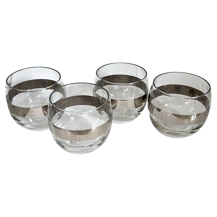 Mid Century Silver and Glass Roly Poly Astrology Motif Cocktail Glasses Set of 4 For Sale