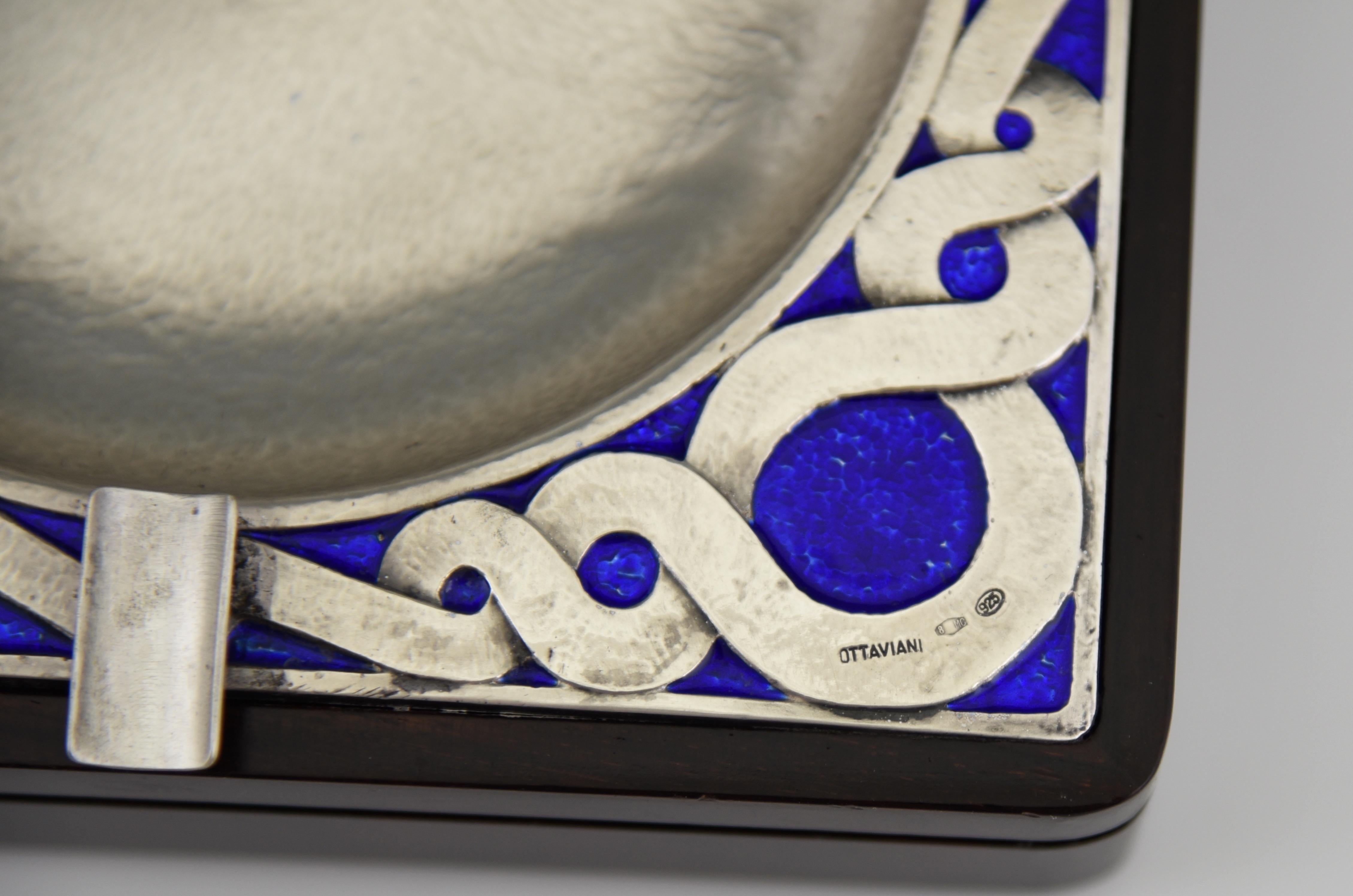 Midcentury Silver Ashtray with Blue Enamel and Wood Ottaviani, 1970 In Good Condition In Antwerp, BE