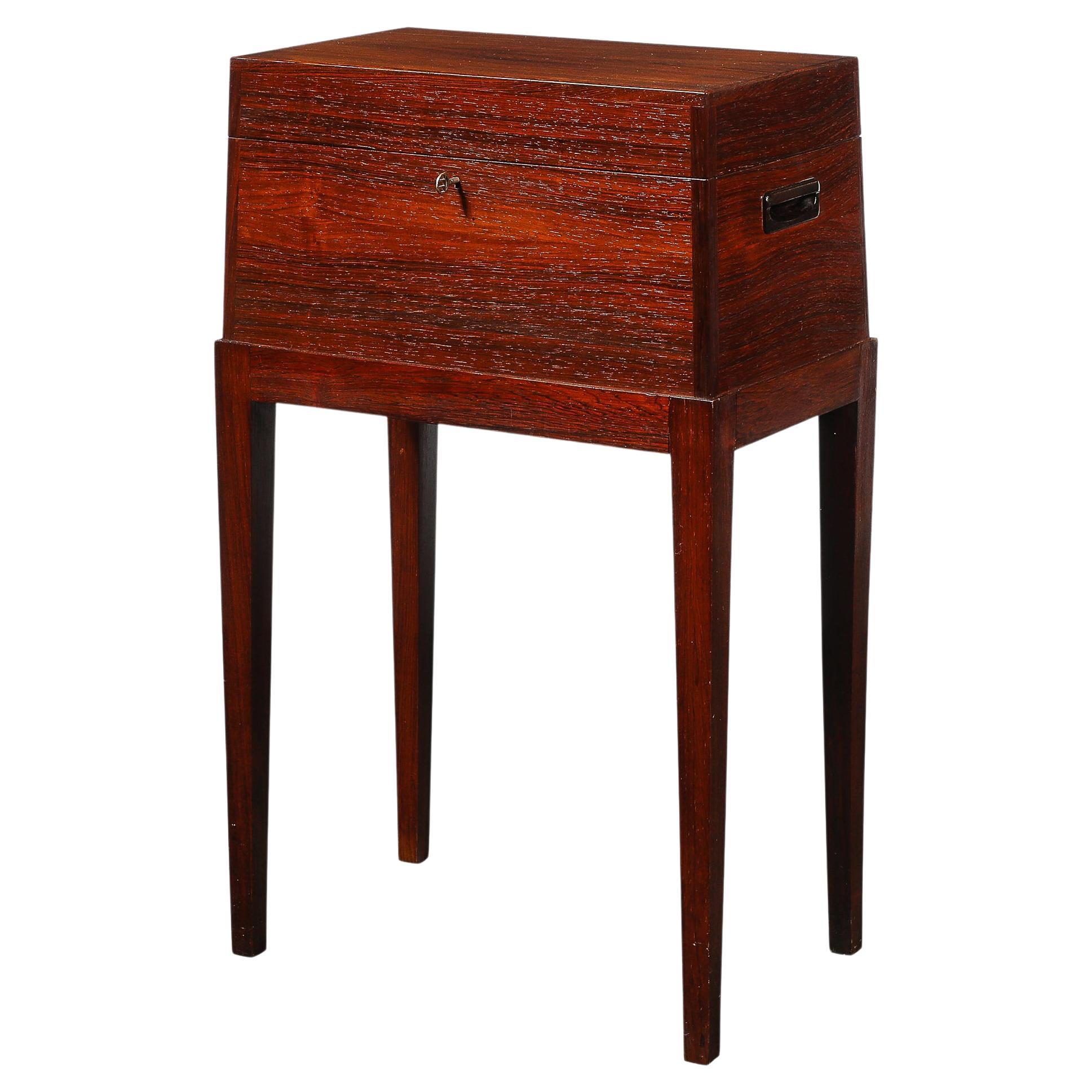 Mid-Century Silver Book-Matched Teak Chest, Sculptural Handles in Macassar Ebony For Sale