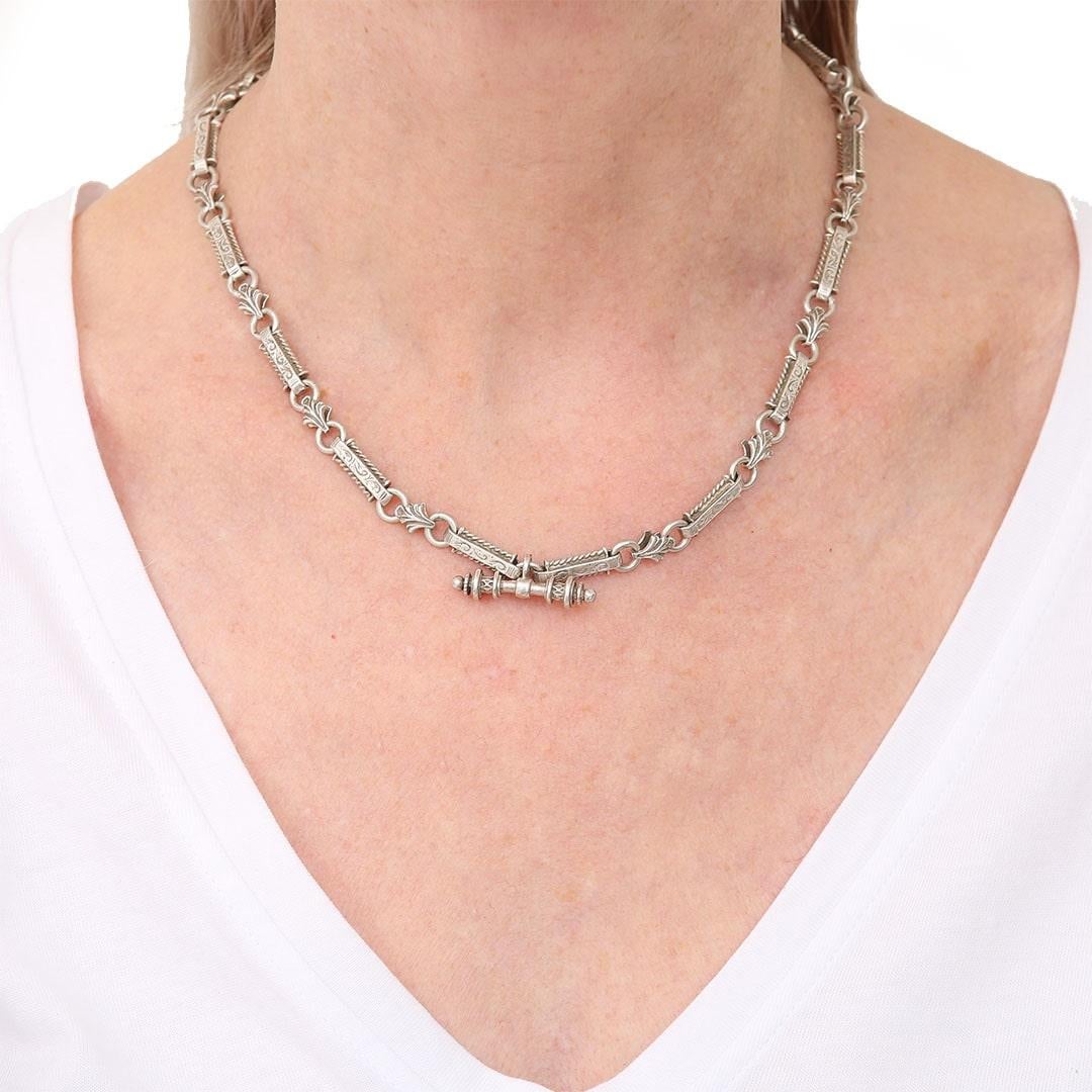 Mid Century Silver Fancy Link Necklace with T-Bar, Circa 1960 For Sale 3