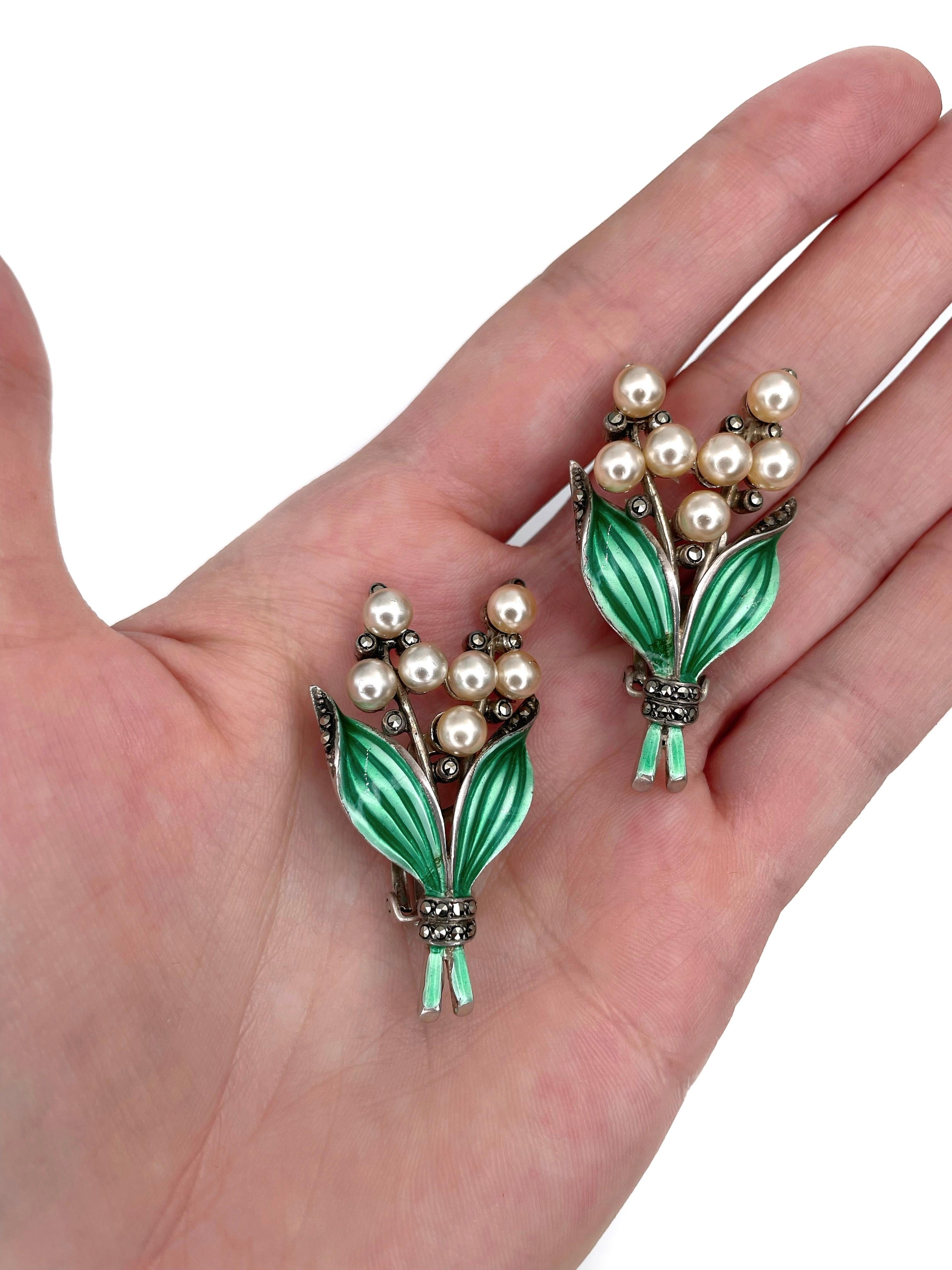 Marcasite Lily Of The Valley Ohrclips aus Silber mit grüner Emaille aus der Mitte des Jahrhunderts (Rundschliff)