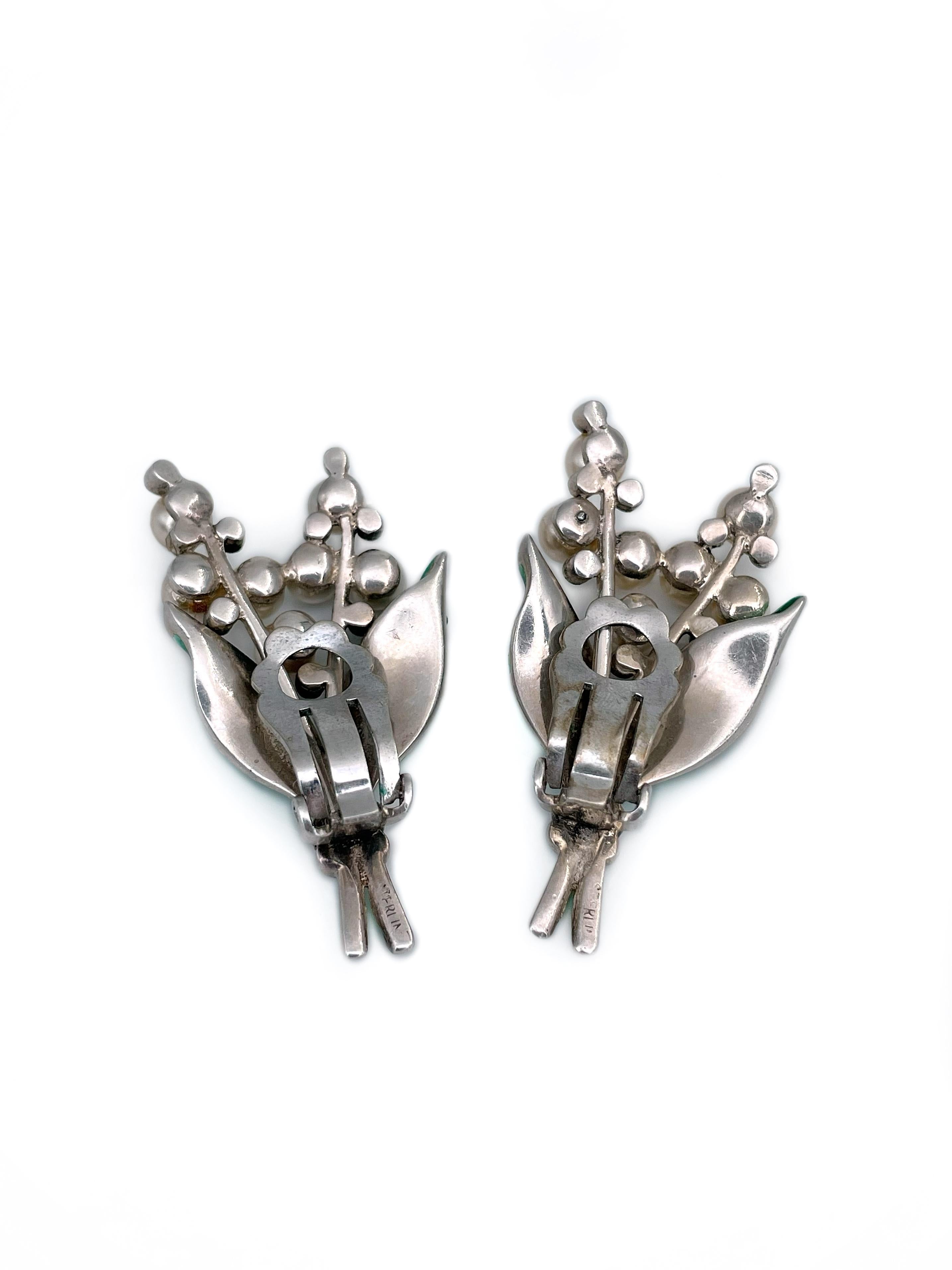 Marcasite Lily Of The Valley Ohrclips aus Silber mit grüner Emaille aus der Mitte des Jahrhunderts im Zustand „Gut“ in Vilnius, Vilniaus apskr.