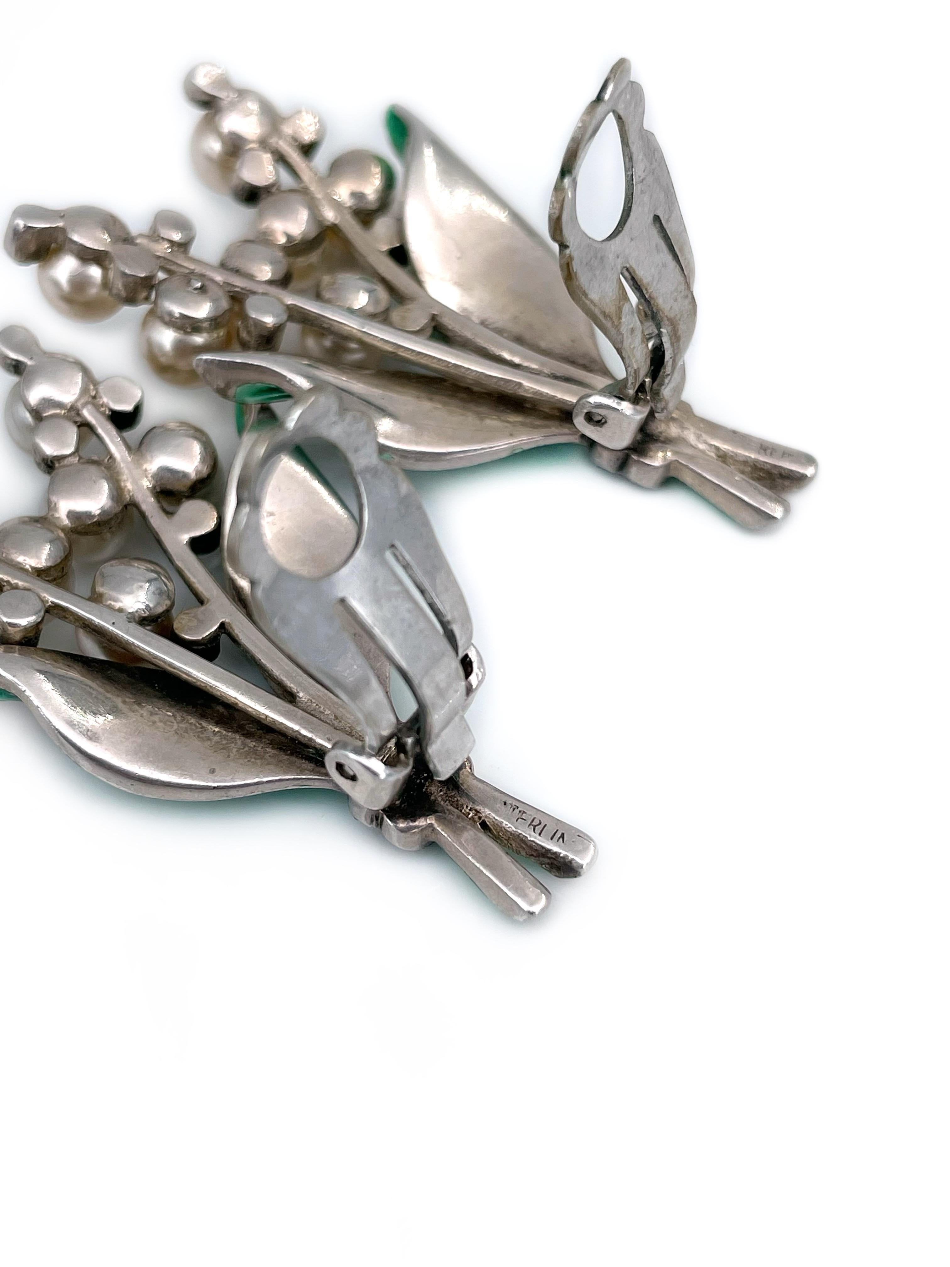 Marcasite Lily Of The Valley Ohrclips aus Silber mit grüner Emaille aus der Mitte des Jahrhunderts Damen