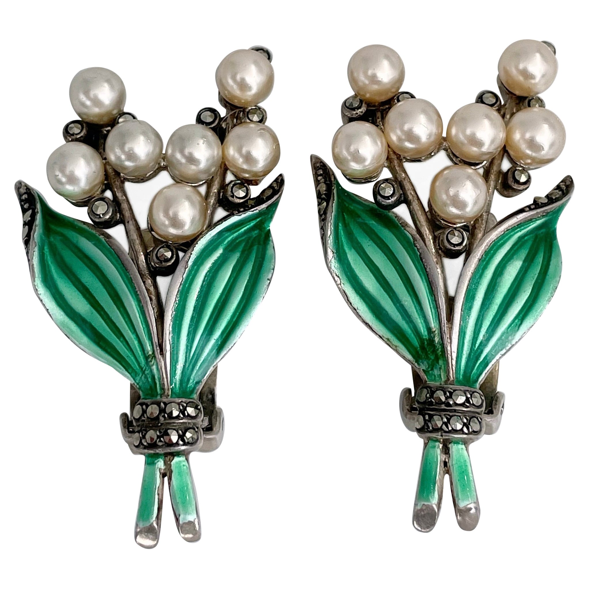 Marcasite Lily Of The Valley Ohrclips aus Silber mit grüner Emaille aus der Mitte des Jahrhunderts