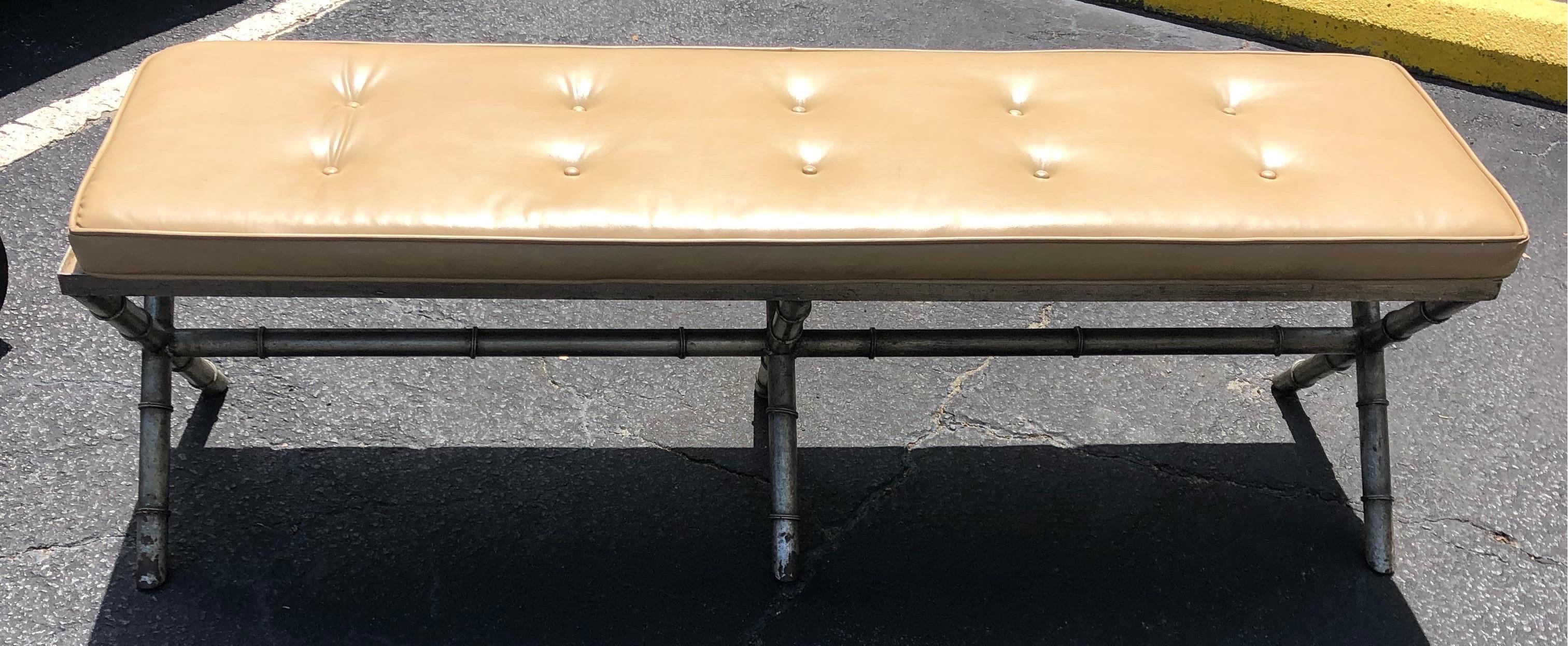Metal Midcentury Silver Leaf Faux Bamboo Bench For Sale